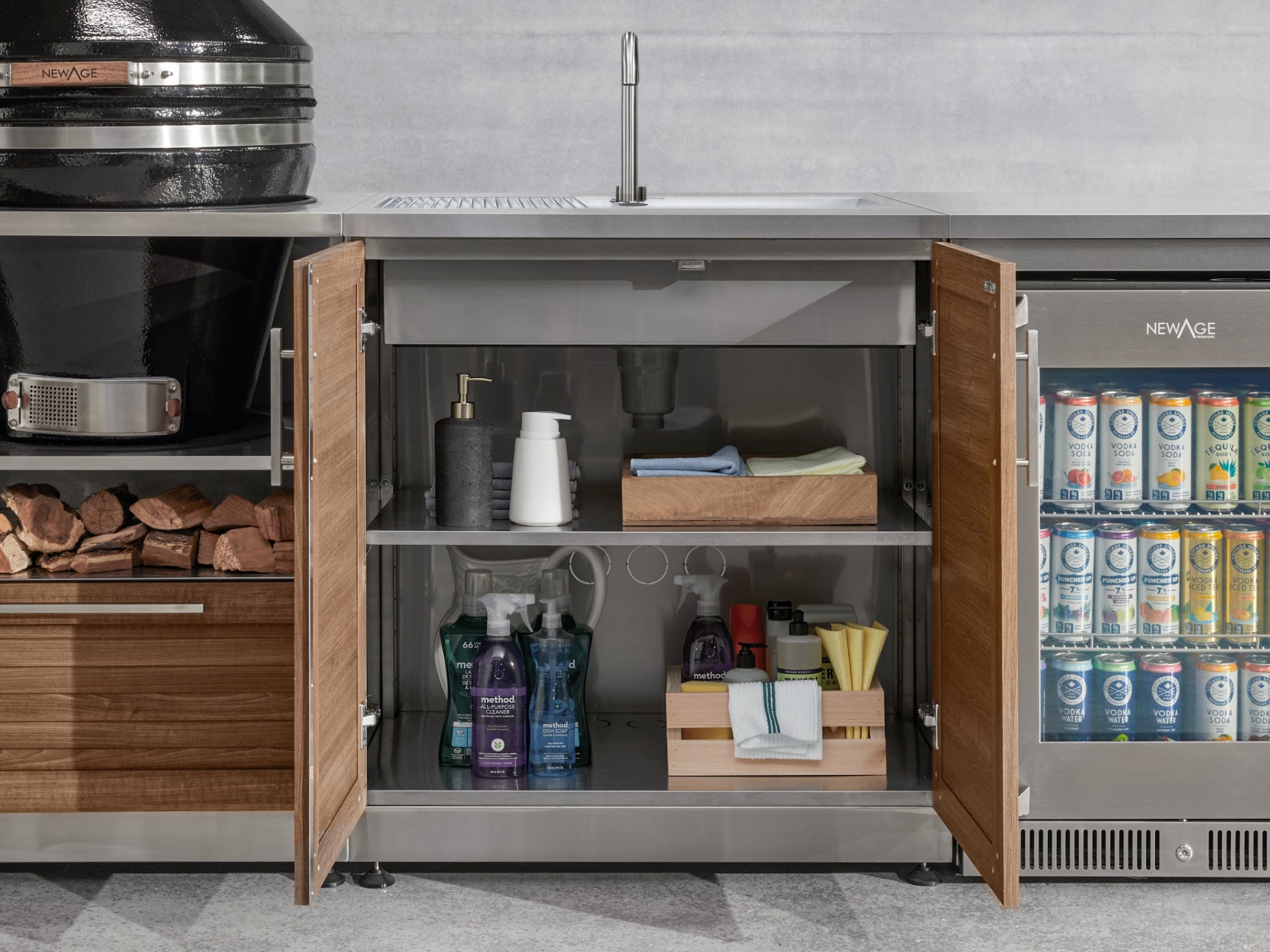 Outdoor Kitchen Stainless Steel Louvered Doors 4 Piece Cabinet Set with Sink, Bar, Grill Cabinet and Fridge