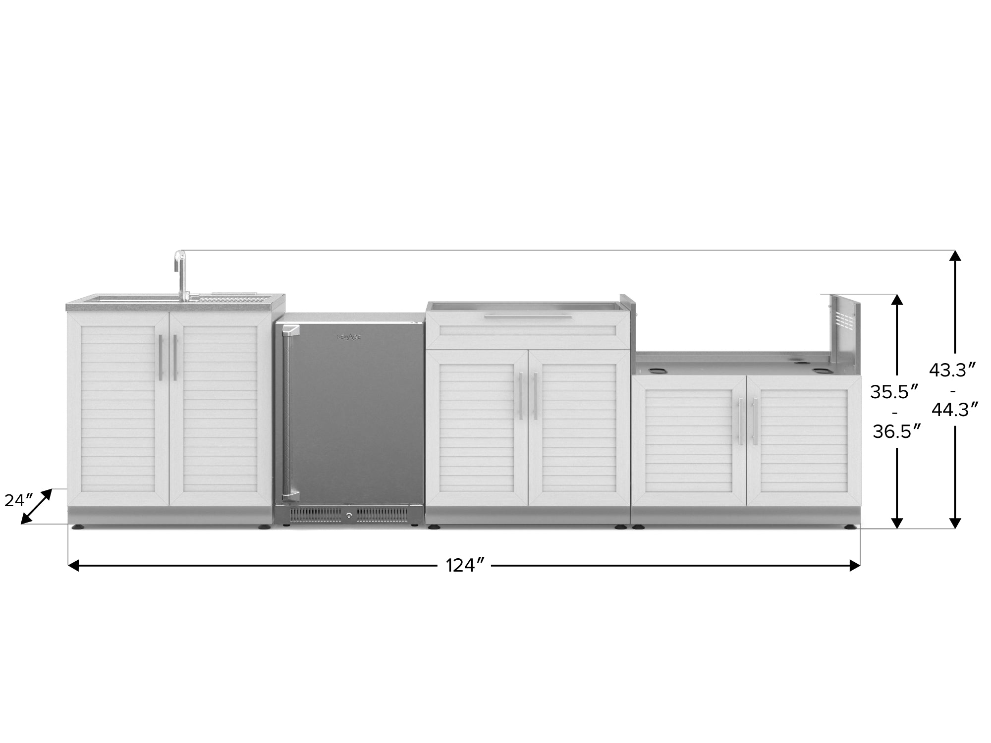 Outdoor Kitchen Stainless Steel Louvered Doors 4 Piece Cabinet Set with Sink, Bar, Grill Cabinet and Fridge
