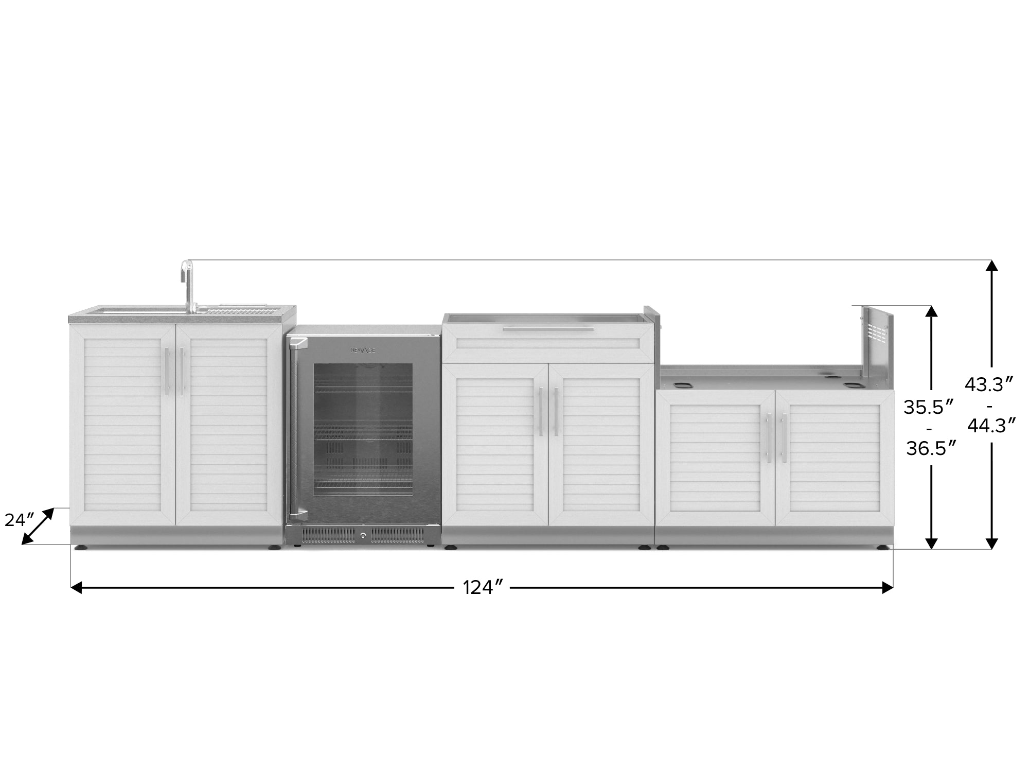 Outdoor Kitchen Stainless Steel Louvered Doors 4 Piece Cabinet Set with Sink, Bar, Grill Cabinet and Fridge