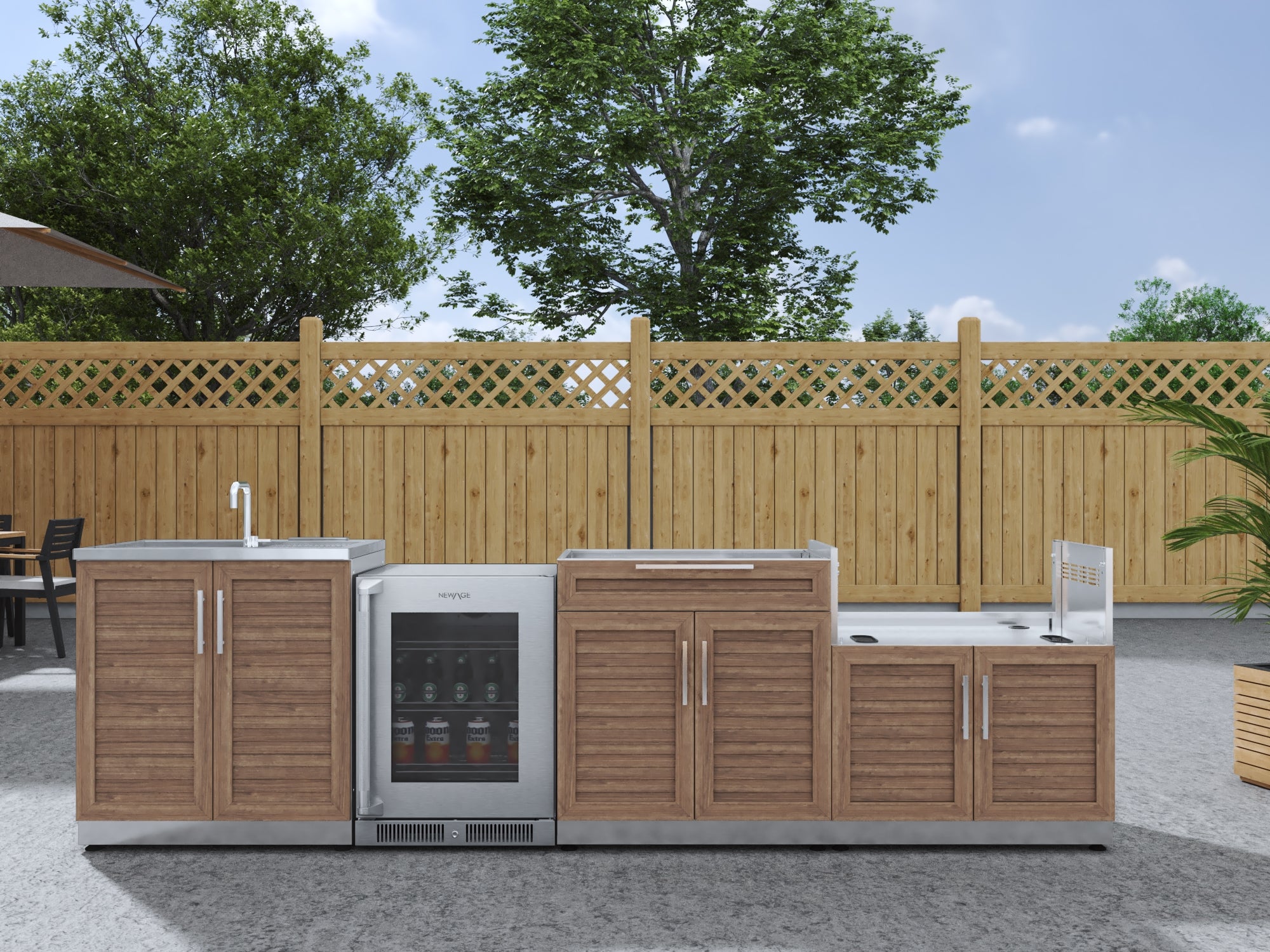 Outdoor Kitchen Stainless Steel Louvered Doors 4 Piece Cabinet Set with Sink, Bar, Grill Cabinet and Fridge