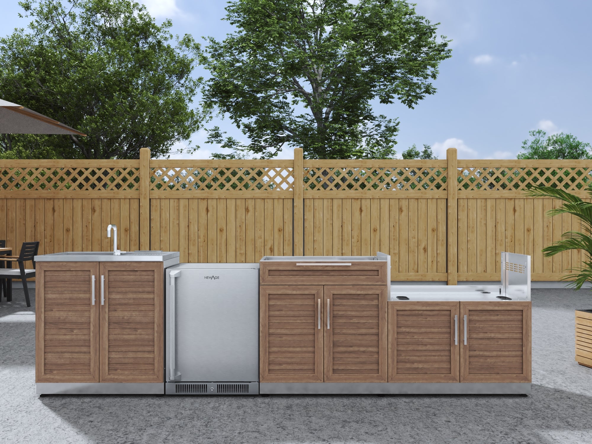 Outdoor Kitchen Stainless Steel Louvered Doors 4 Piece Cabinet Set with Sink, Bar, Grill Cabinet and Fridge