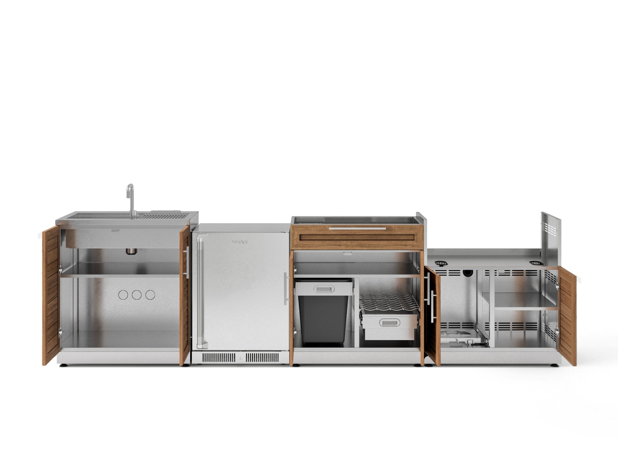 Outdoor Kitchen Stainless Steel Louvered Doors 4 Piece Cabinet Set with Sink, Bar, Grill Cabinet and Fridge