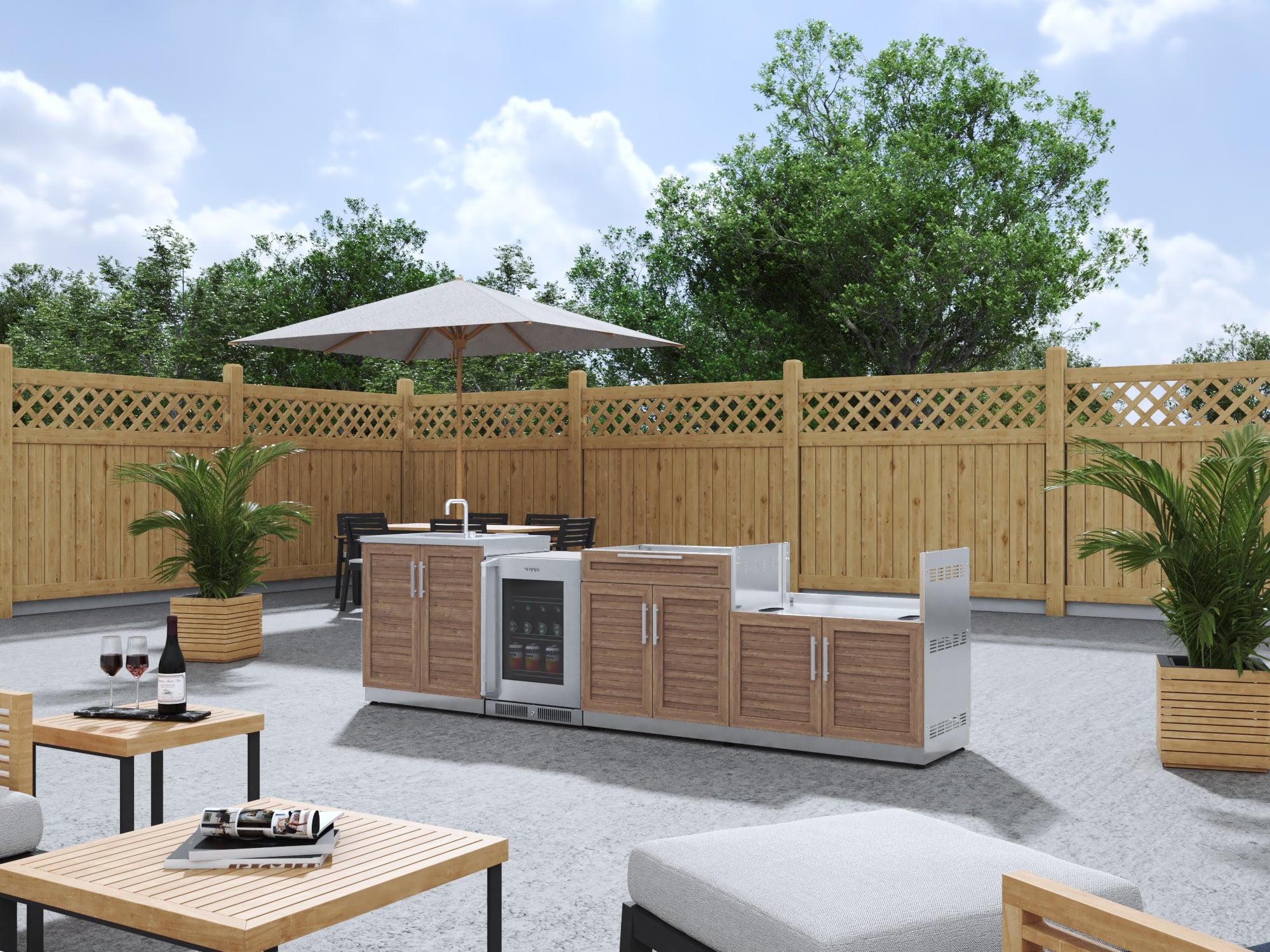 Outdoor Kitchen Stainless Steel Louvered Doors 4 Piece Cabinet Set with Sink, Bar, Grill Cabinet and Fridge