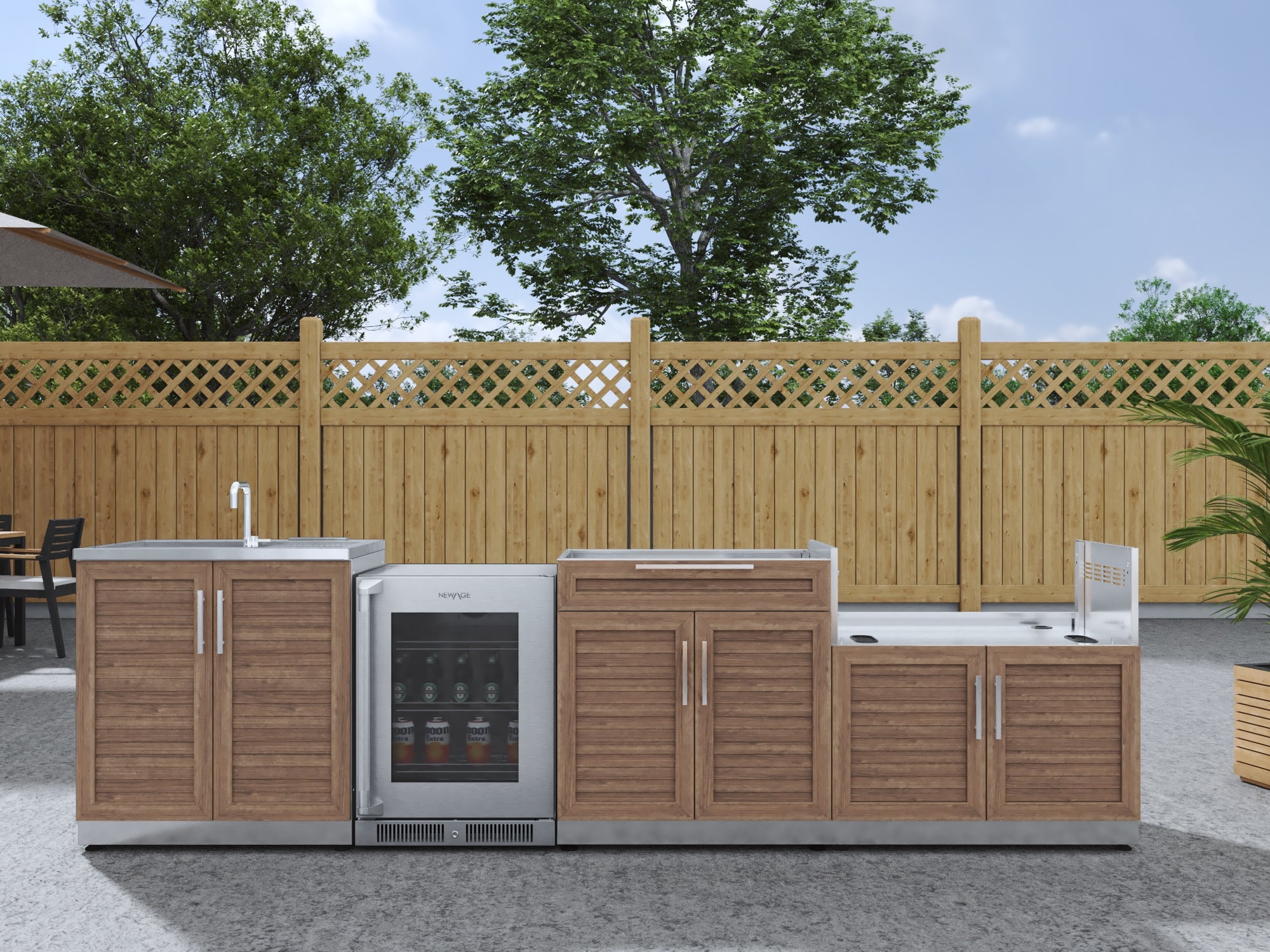 Outdoor Kitchen Stainless Steel Louvered Doors 4 Piece Cabinet Set with Sink, Bar, Grill Cabinet and Fridge