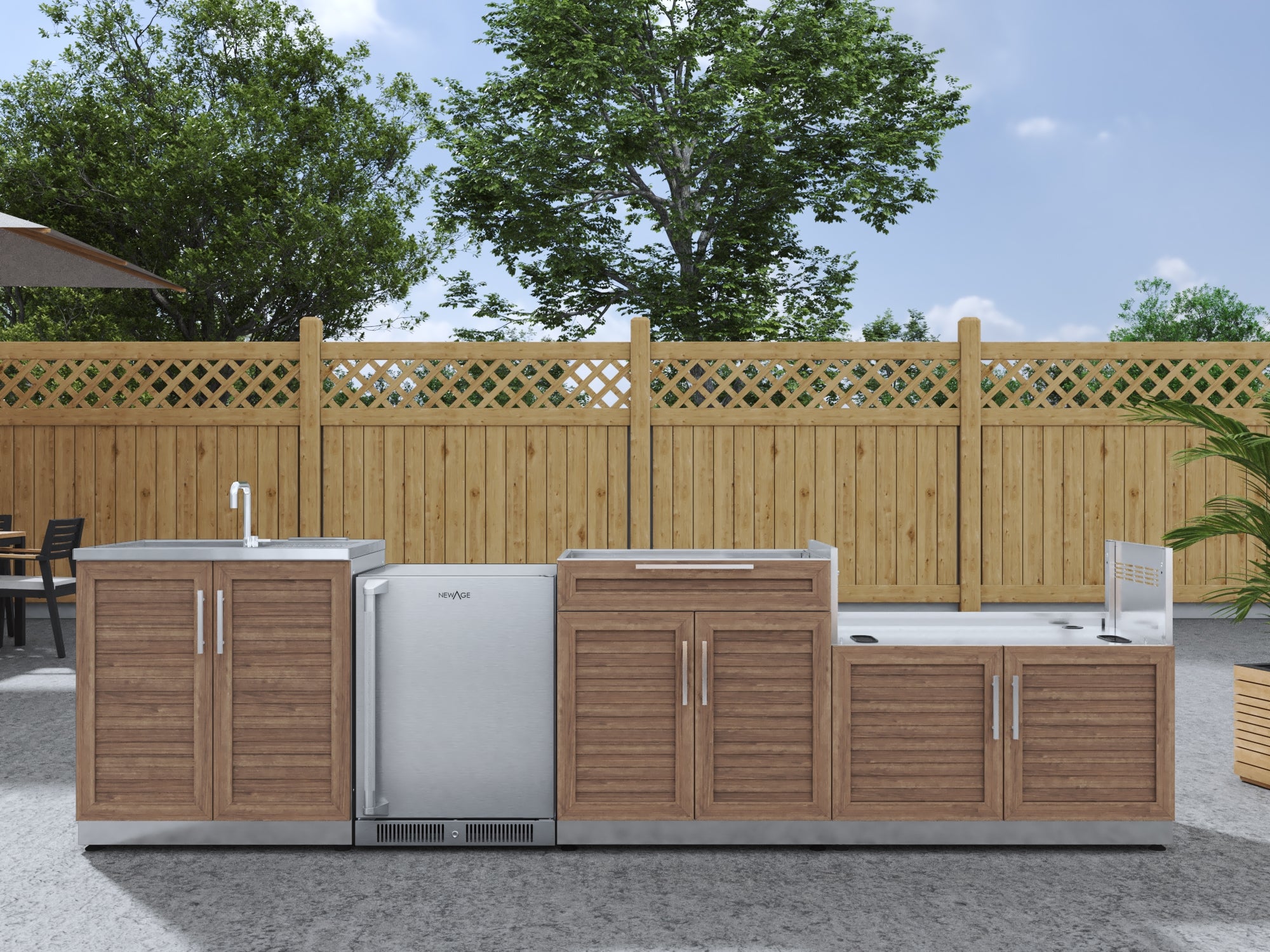 Outdoor Kitchen Stainless Steel Louvered Doors 4 Piece Cabinet Set with Sink, Bar, Grill Cabinet and Fridge