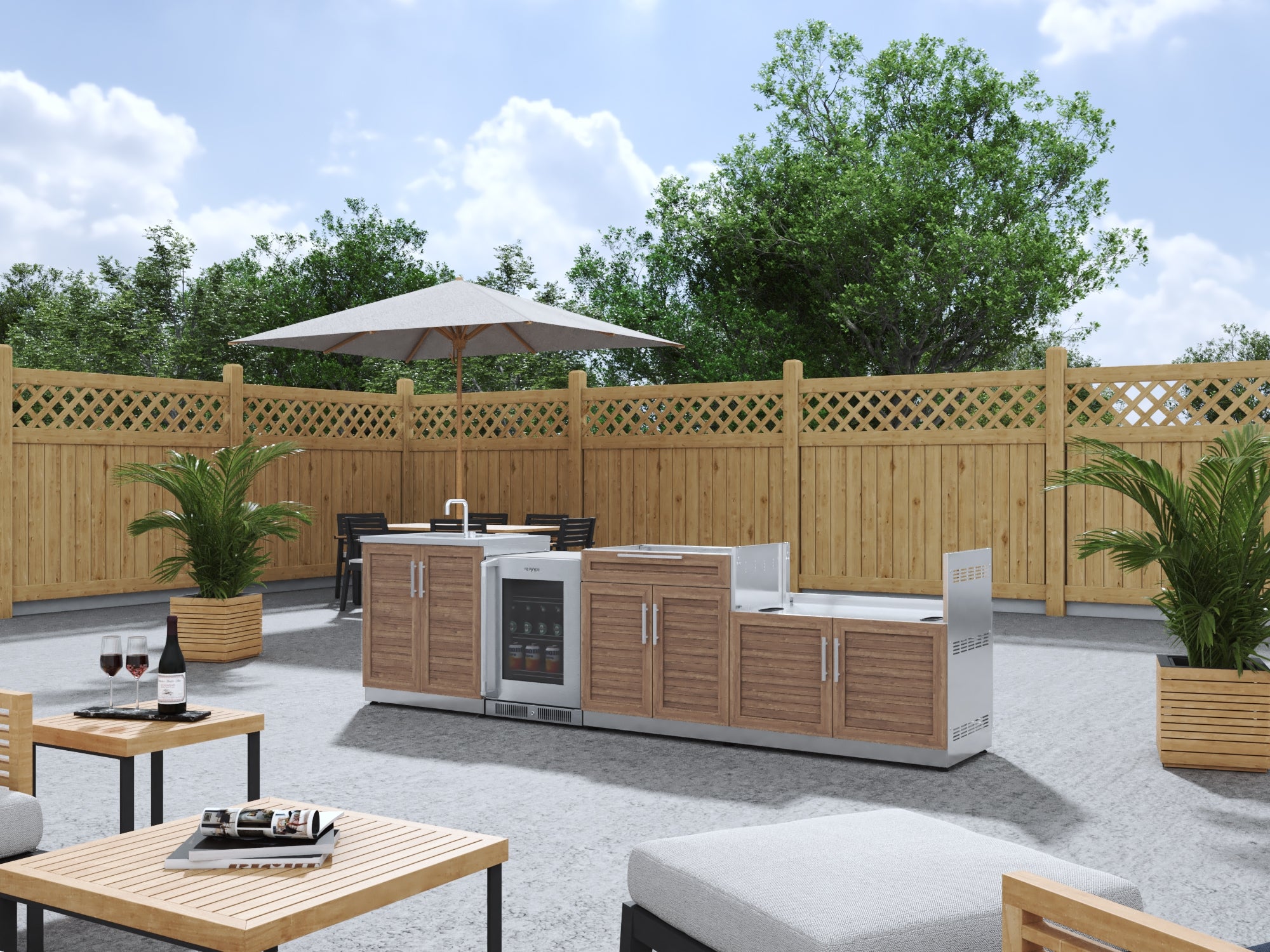 Outdoor Kitchen Stainless Steel Louvered Doors 4 Piece Cabinet Set with Sink, Bar, Grill Cabinet and Fridge