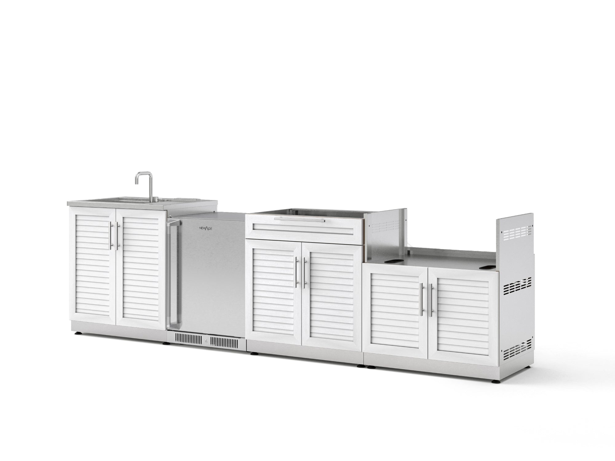 Outdoor Kitchen Stainless Steel Louvered Doors 4 Piece Cabinet Set with Sink, Bar, Grill Cabinet and Fridge