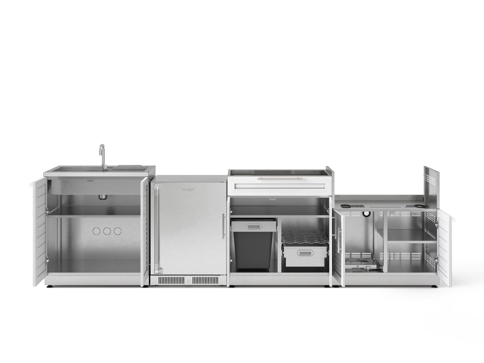 Outdoor Kitchen Stainless Steel Louvered Doors 4 Piece Cabinet Set with Sink, Bar, Grill Cabinet and Fridge