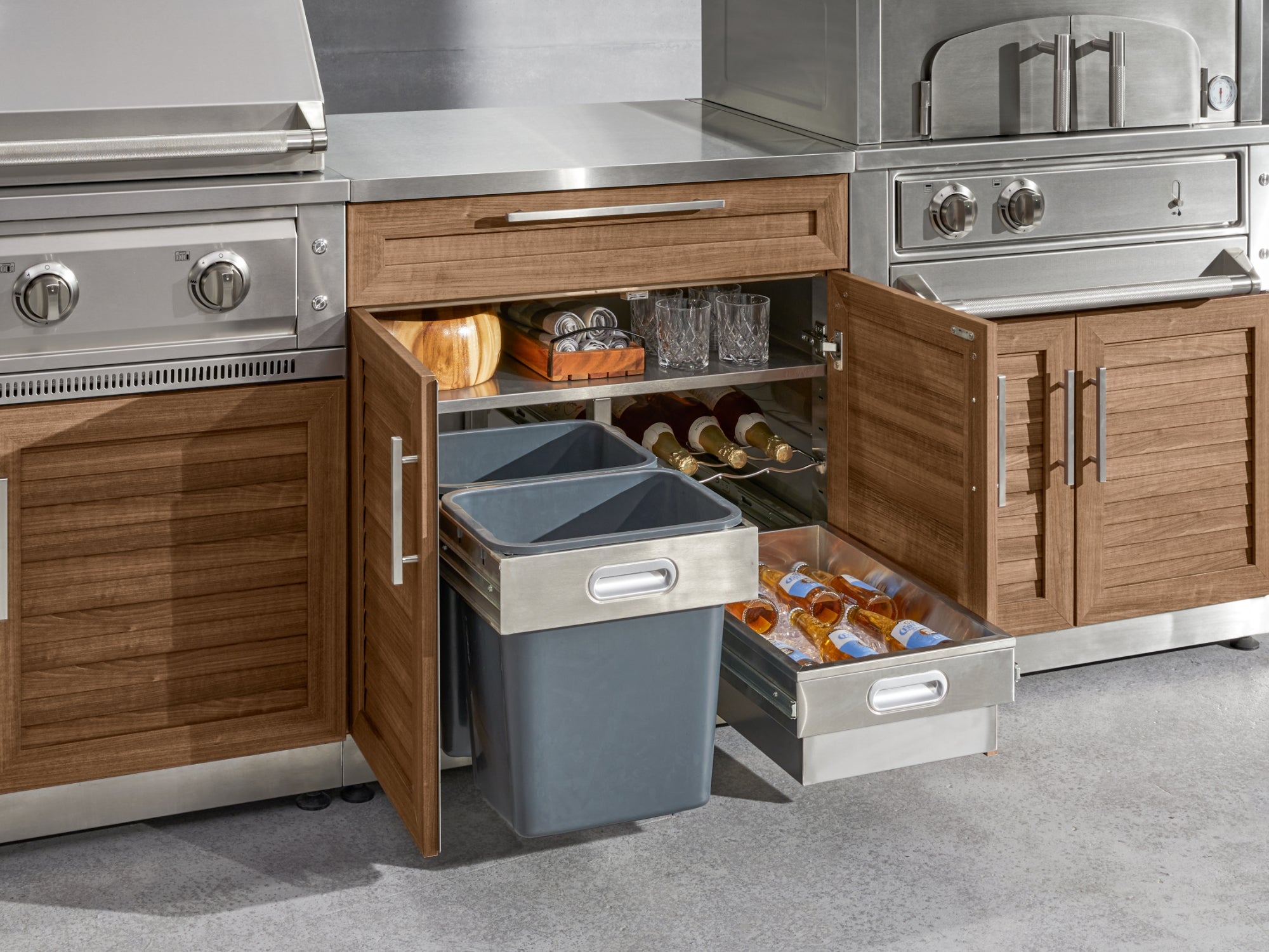 Outdoor Kitchen Stainless Steel Louvered Doors 4 Piece Cabinet Set with Sink, Bar, Grill Cabinet and Fridge
