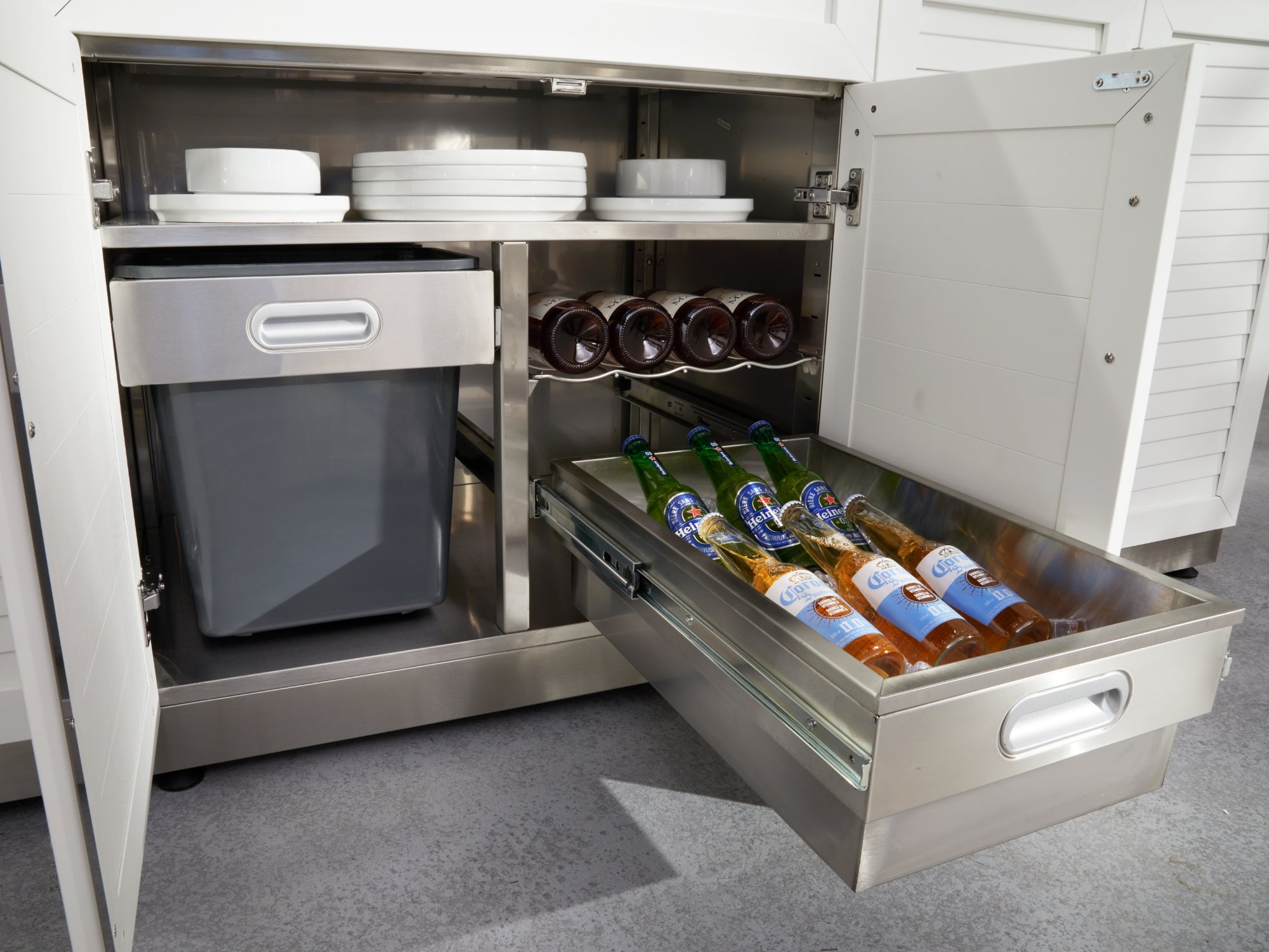 Outdoor Kitchen Stainless Steel Louvered Doors 4 Piece Cabinet Set with Sink, Bar, Grill Cabinet and Fridge