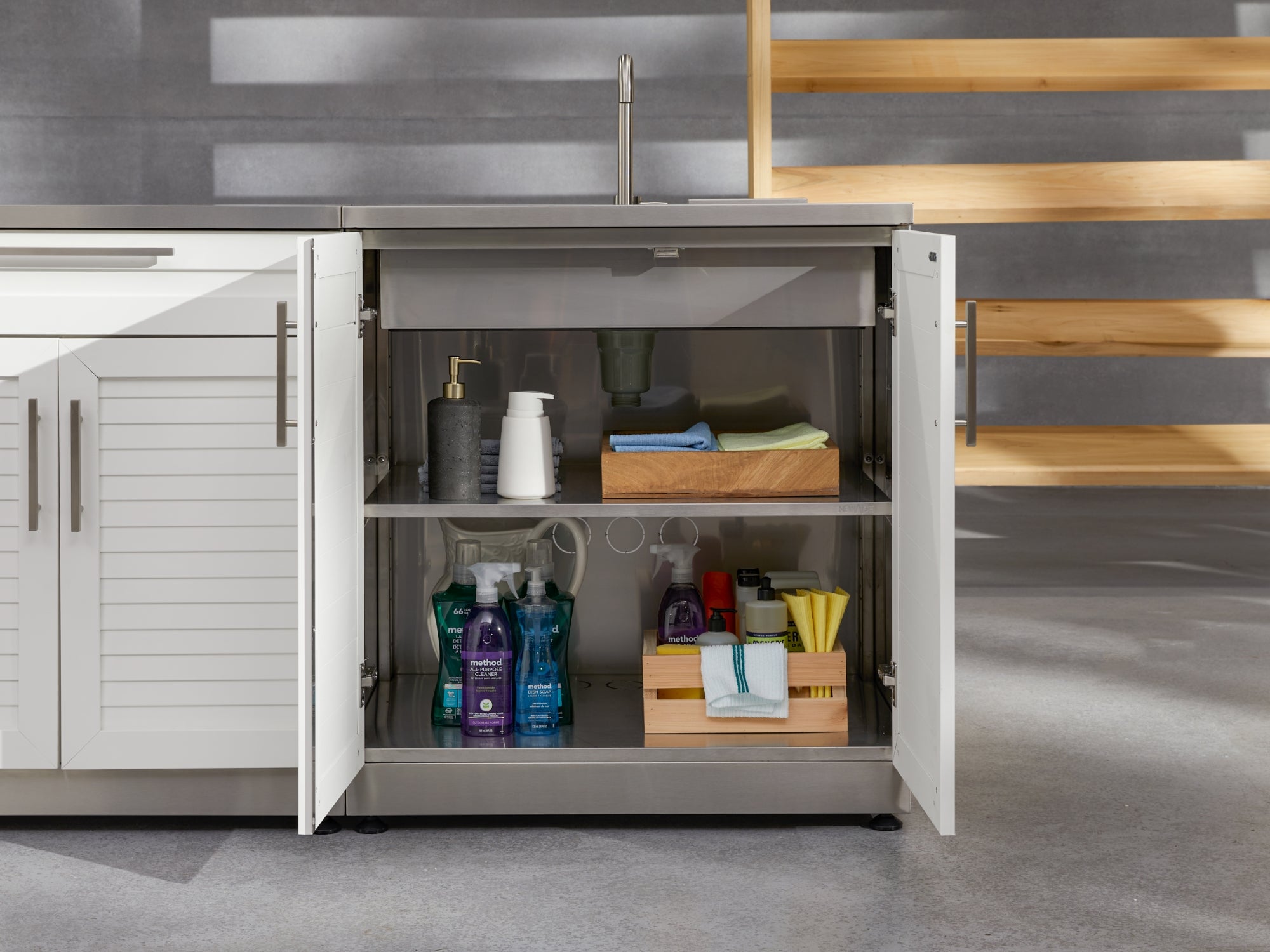 Outdoor Kitchen Stainless Steel Louvered Doors 4 Piece Cabinet Set with Sink, Bar, Grill Cabinet and Fridge