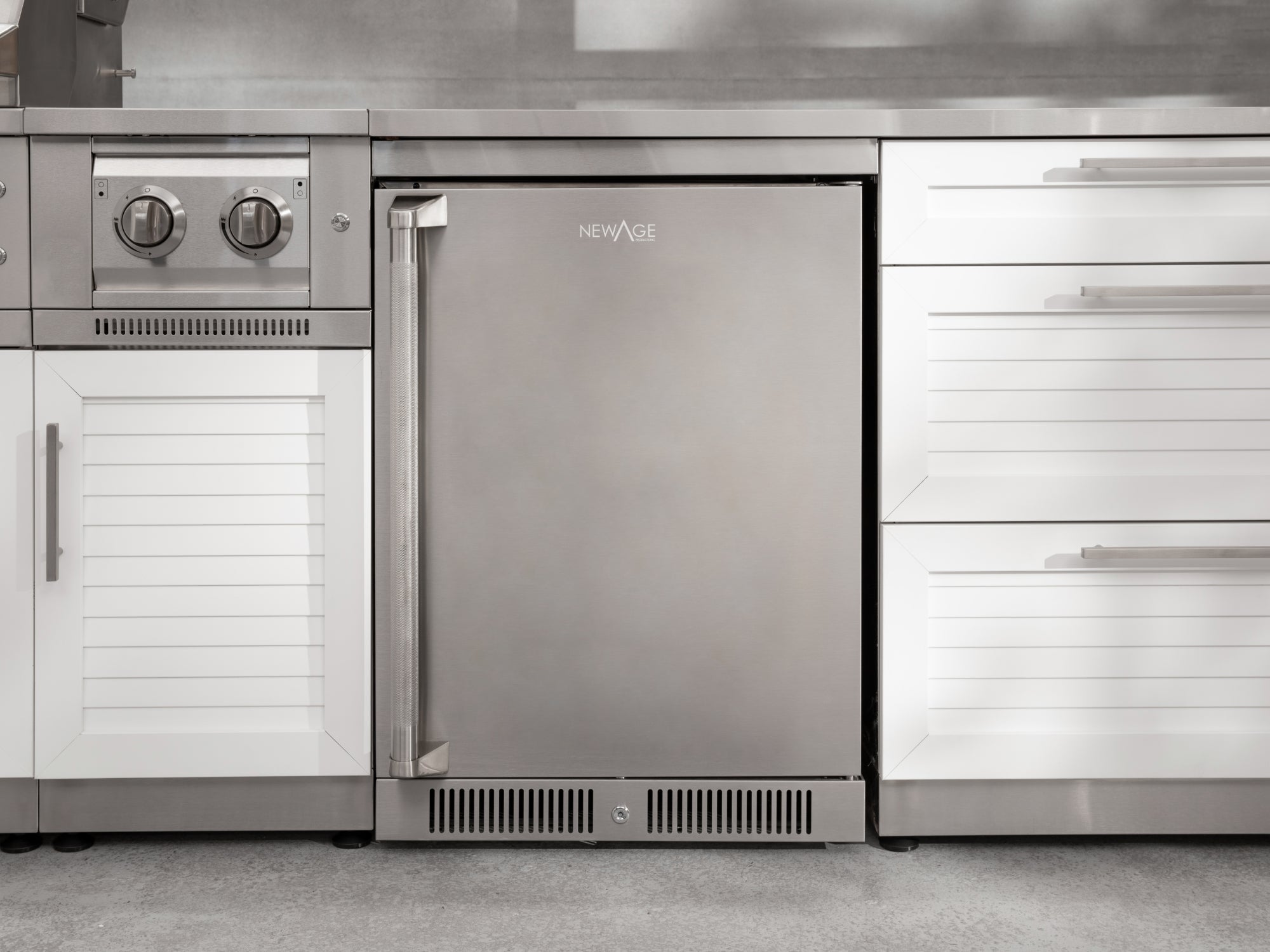 Outdoor Kitchen Stainless Steel Louvered Doors 4 Piece Cabinet Set with Sink, Bar, Grill Cabinet and Fridge