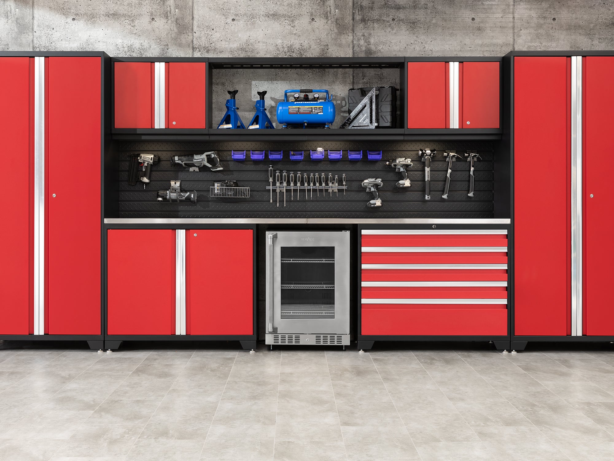 Pro Series 9 Piece Cabinet Set with Wall, Tool Drawer Cabinet, Lockers, and Glass Door Fridge