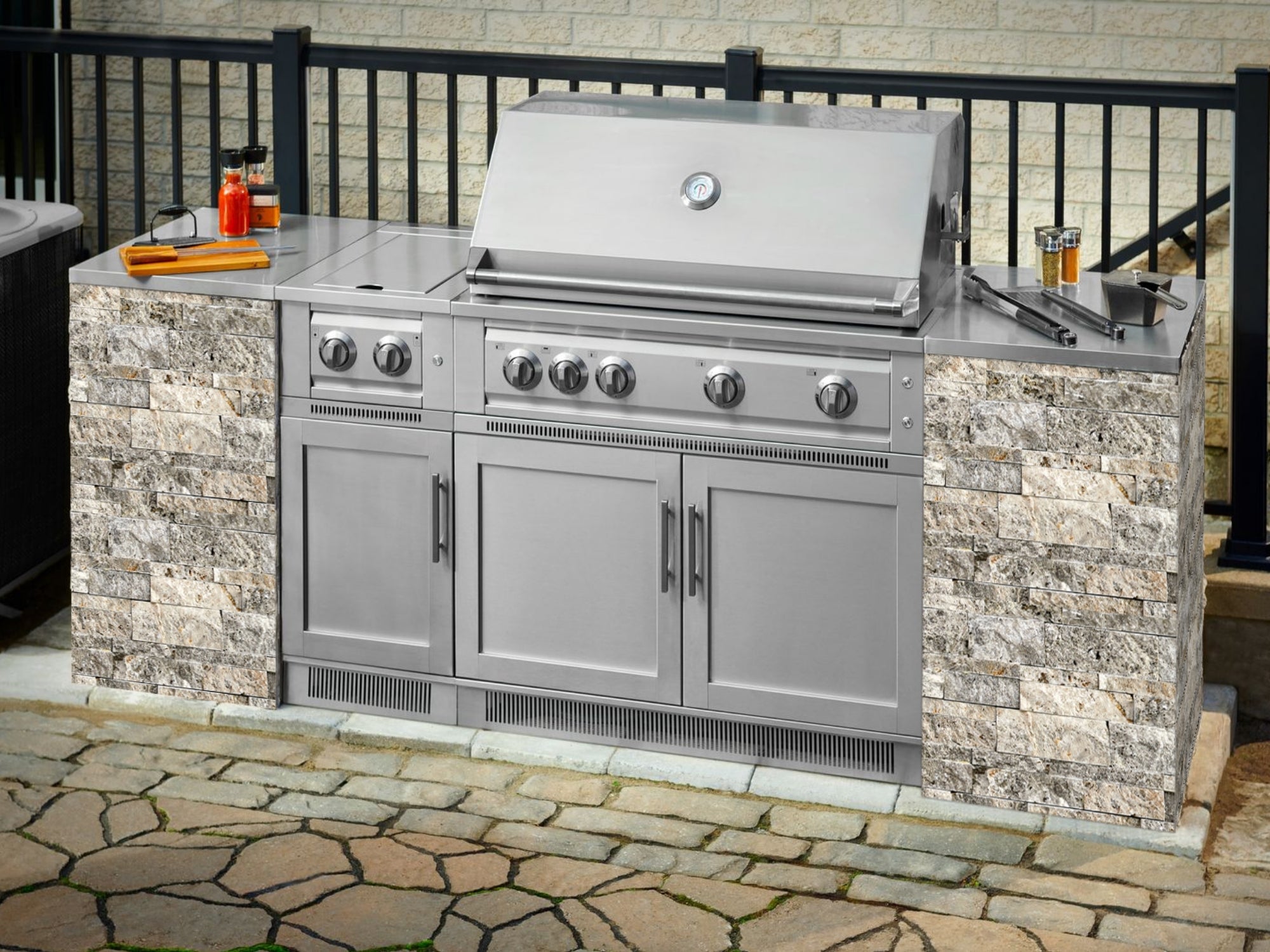 Outdoor Kitchen Signature Series 9 Piece Cabinet Set With Kamado, Platinum Grill and Grill Cabinet