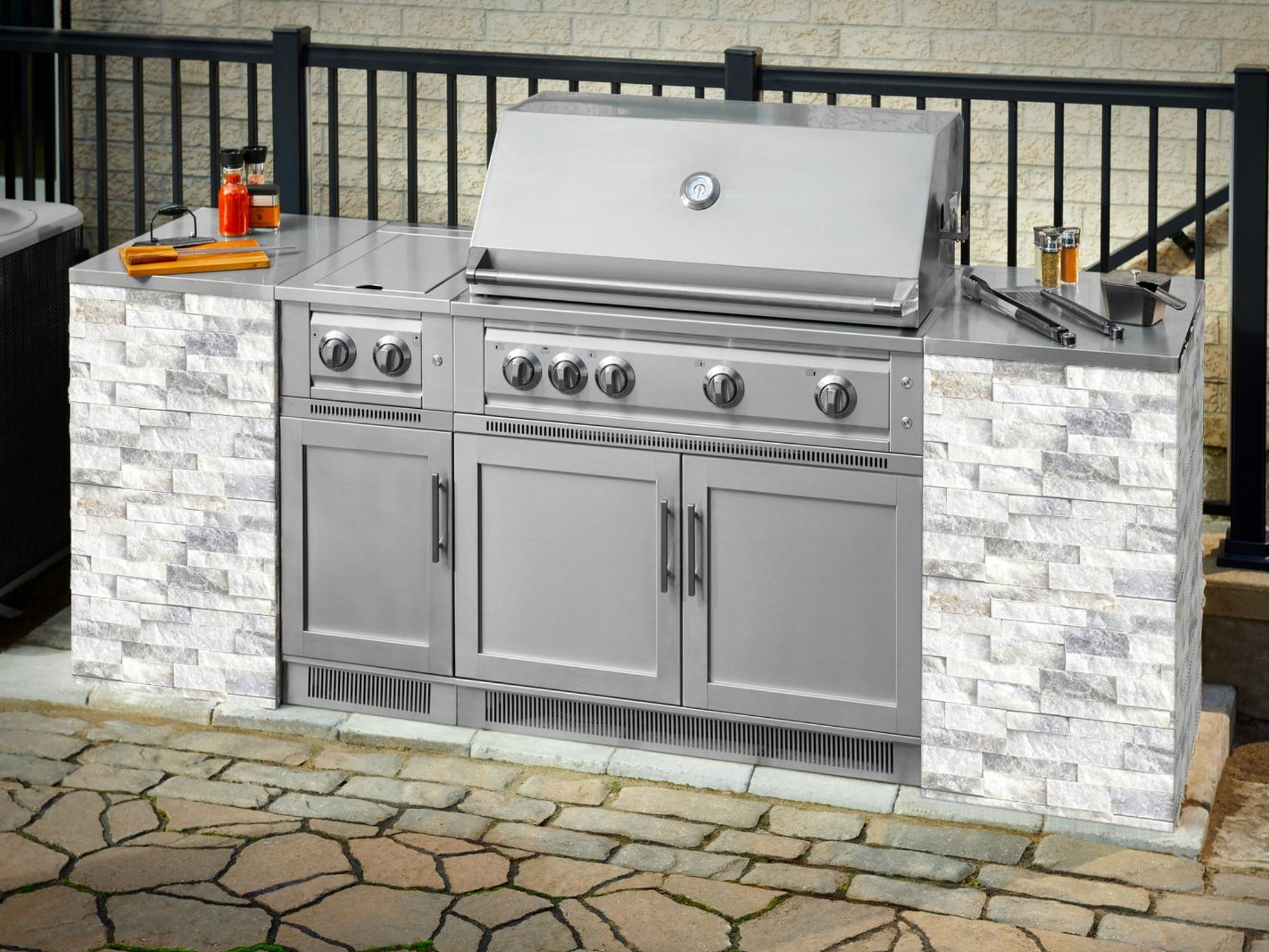 Outdoor Kitchen Signature Series 9 Piece Cabinet Set With Kamado, Platinum Grill and Grill Cabinet