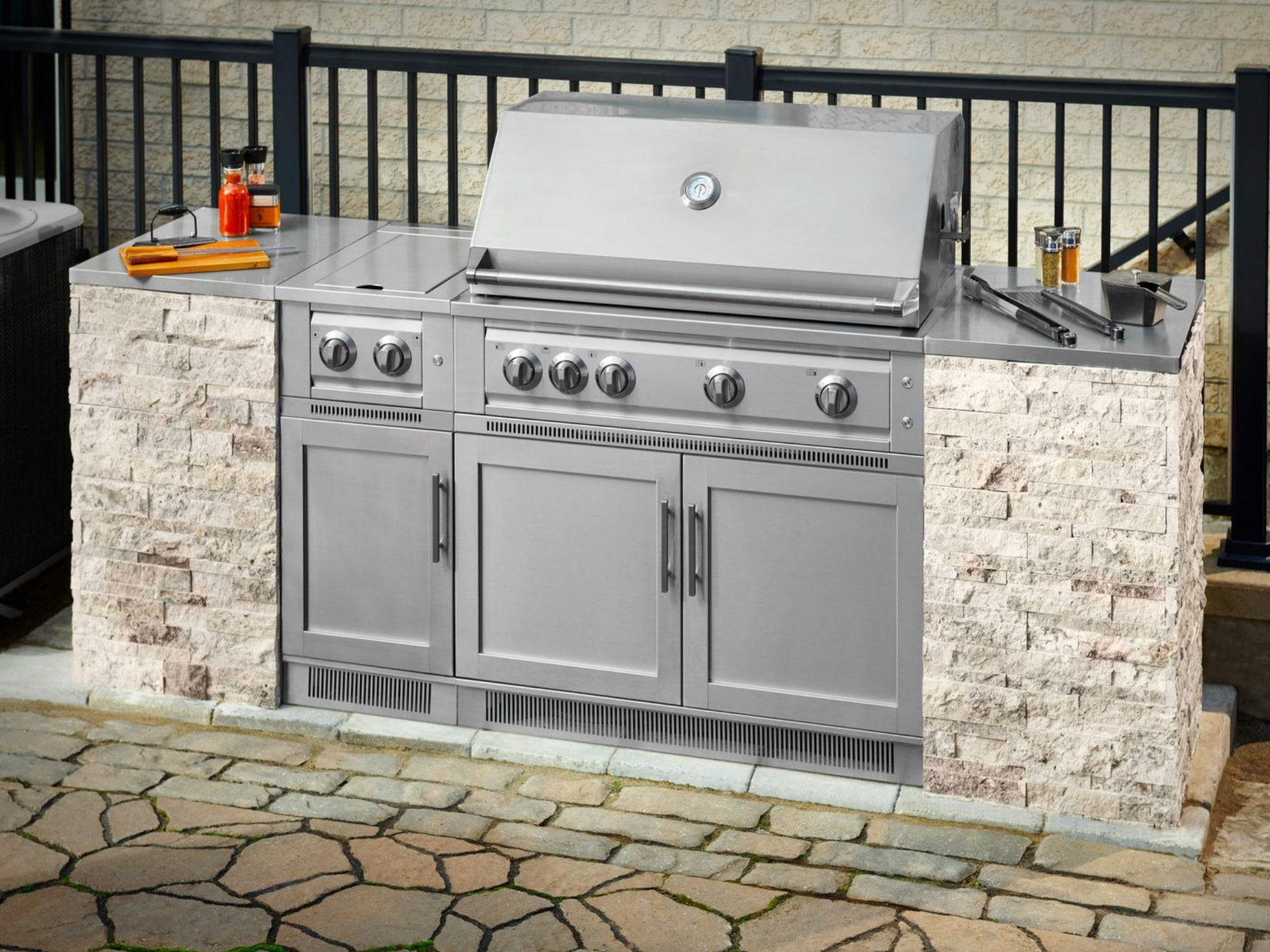 Outdoor Kitchen Signature Series 9 Piece Cabinet Set With Kamado, Platinum Grill and Grill Cabinet
