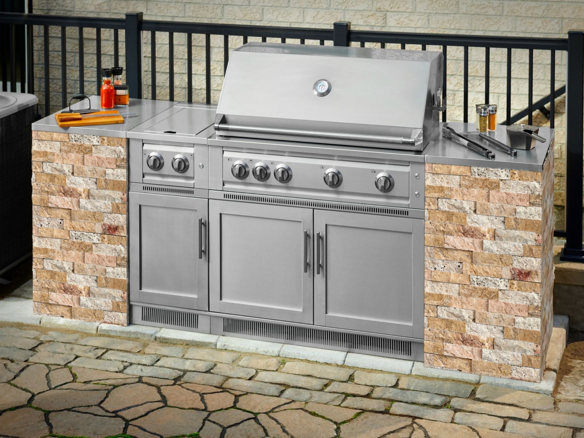 Outdoor Kitchen Signature Series 9 Piece Cabinet Set With Kamado, Platinum Grill and Grill Cabinet