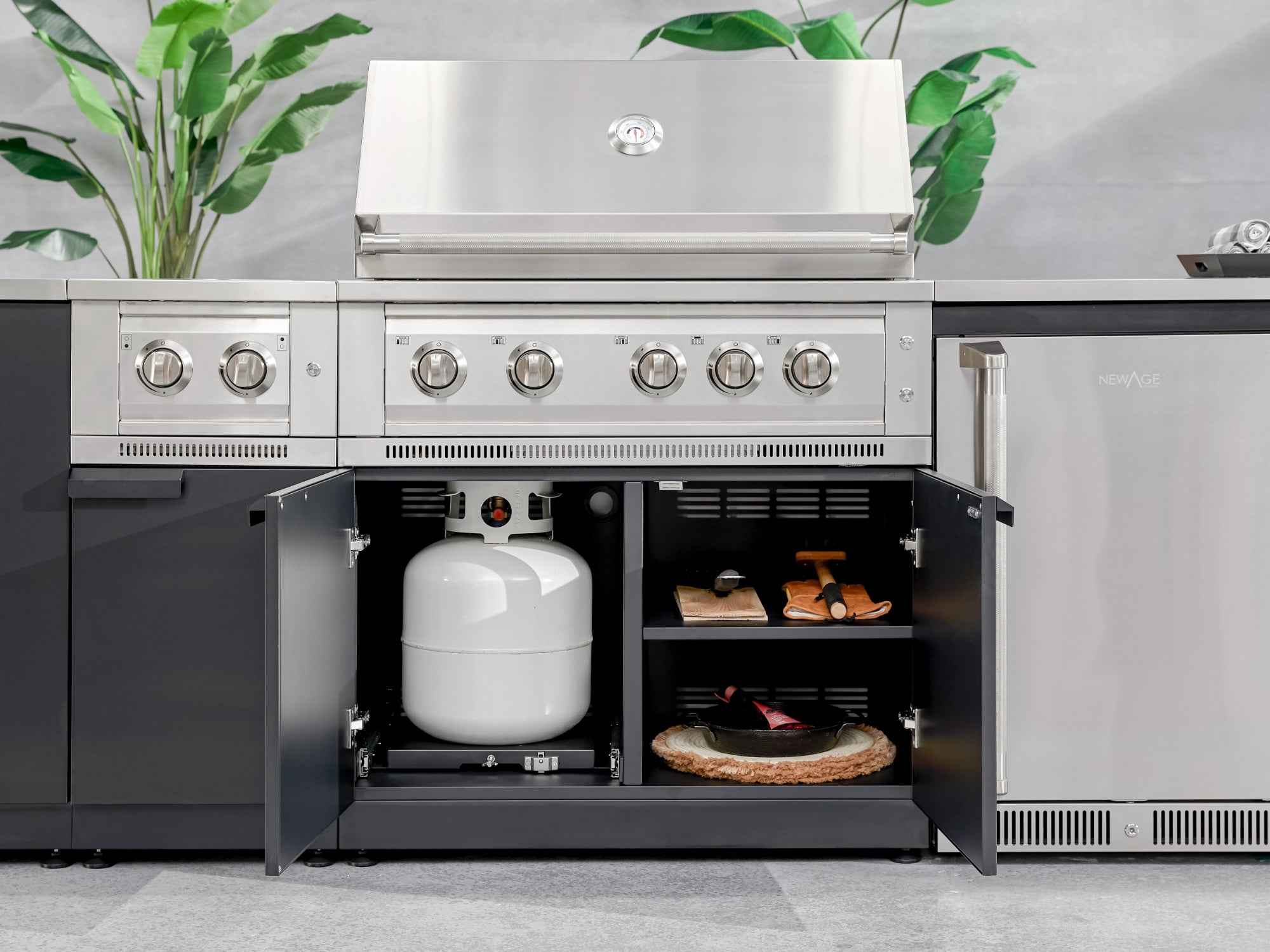 Outdoor Kitchen Stainless Steel 6 Piece Cabinet Set with Sink, Bar, Grill Cabinet, Platinum Grill, Countertop and Glass Door Fridge