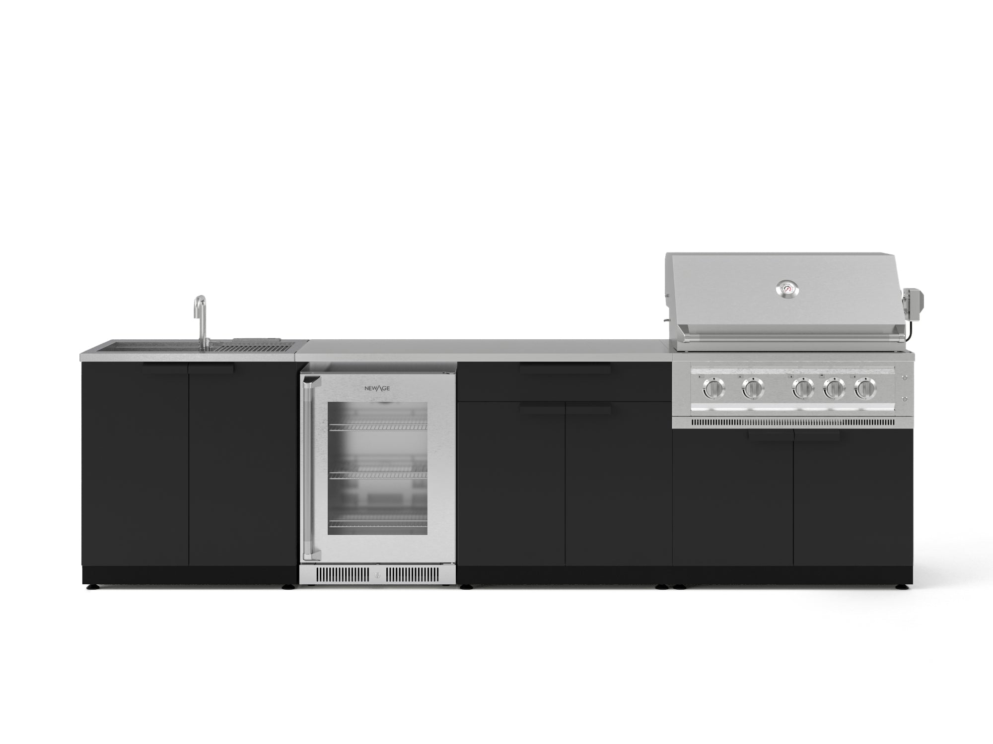 Outdoor Kitchen Stainless Steel 6 Piece Cabinet Set with Sink, Bar, Grill Cabinet, Platinum Grill, Countertop and Glass Door Fridge