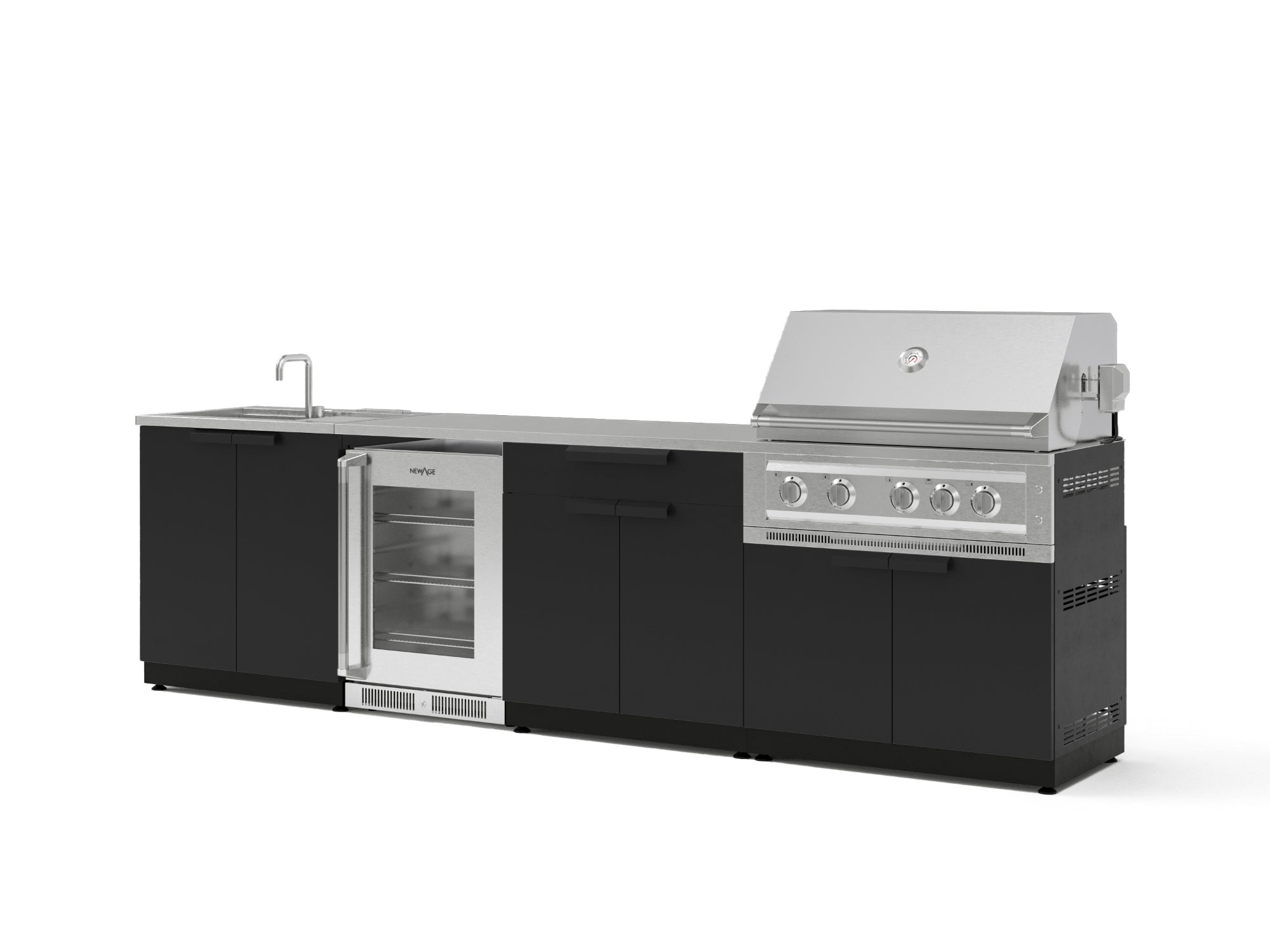 Outdoor Kitchen Stainless Steel 6 Piece Cabinet Set with Sink, Bar, Grill Cabinet, Platinum Grill, Countertop and Glass Door Fridge