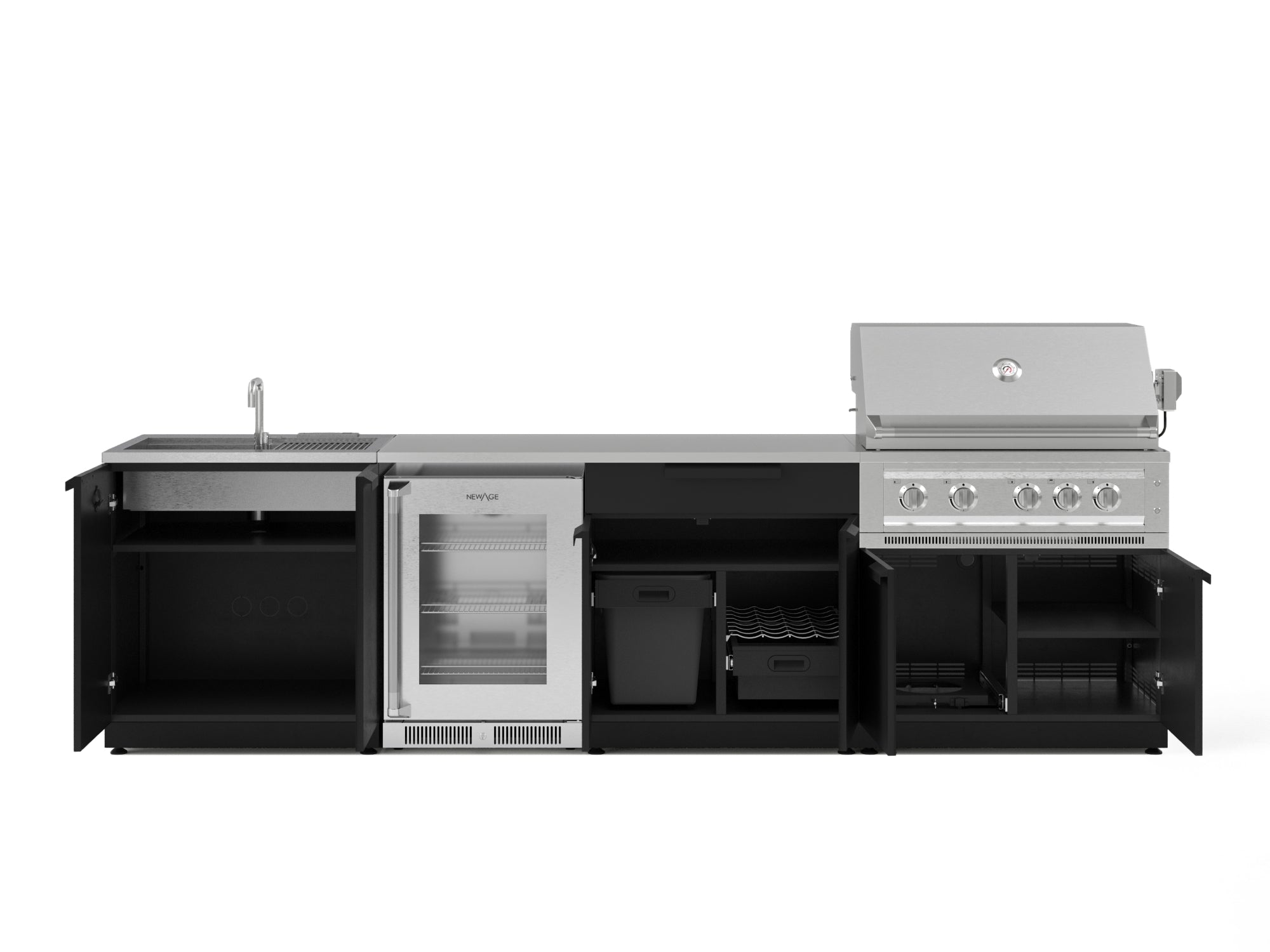 Outdoor Kitchen Stainless Steel 6 Piece Cabinet Set with Sink, Bar, Grill Cabinet, Platinum Grill, Countertop and Glass Door Fridge