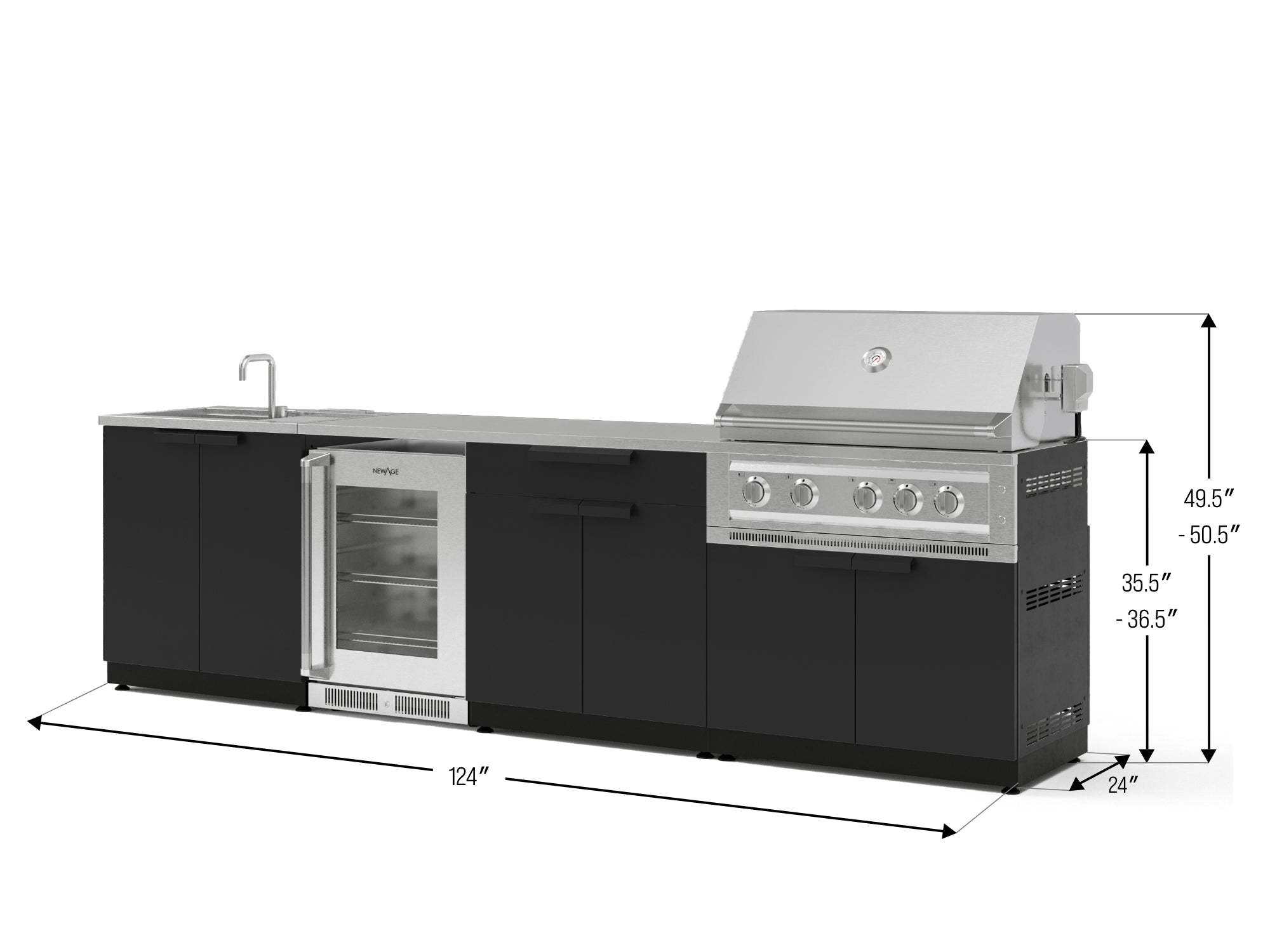 Outdoor Kitchen Stainless Steel 6 Piece Cabinet Set with Sink, Bar, Grill Cabinet, Platinum Grill, Countertop and Glass Door Fridge