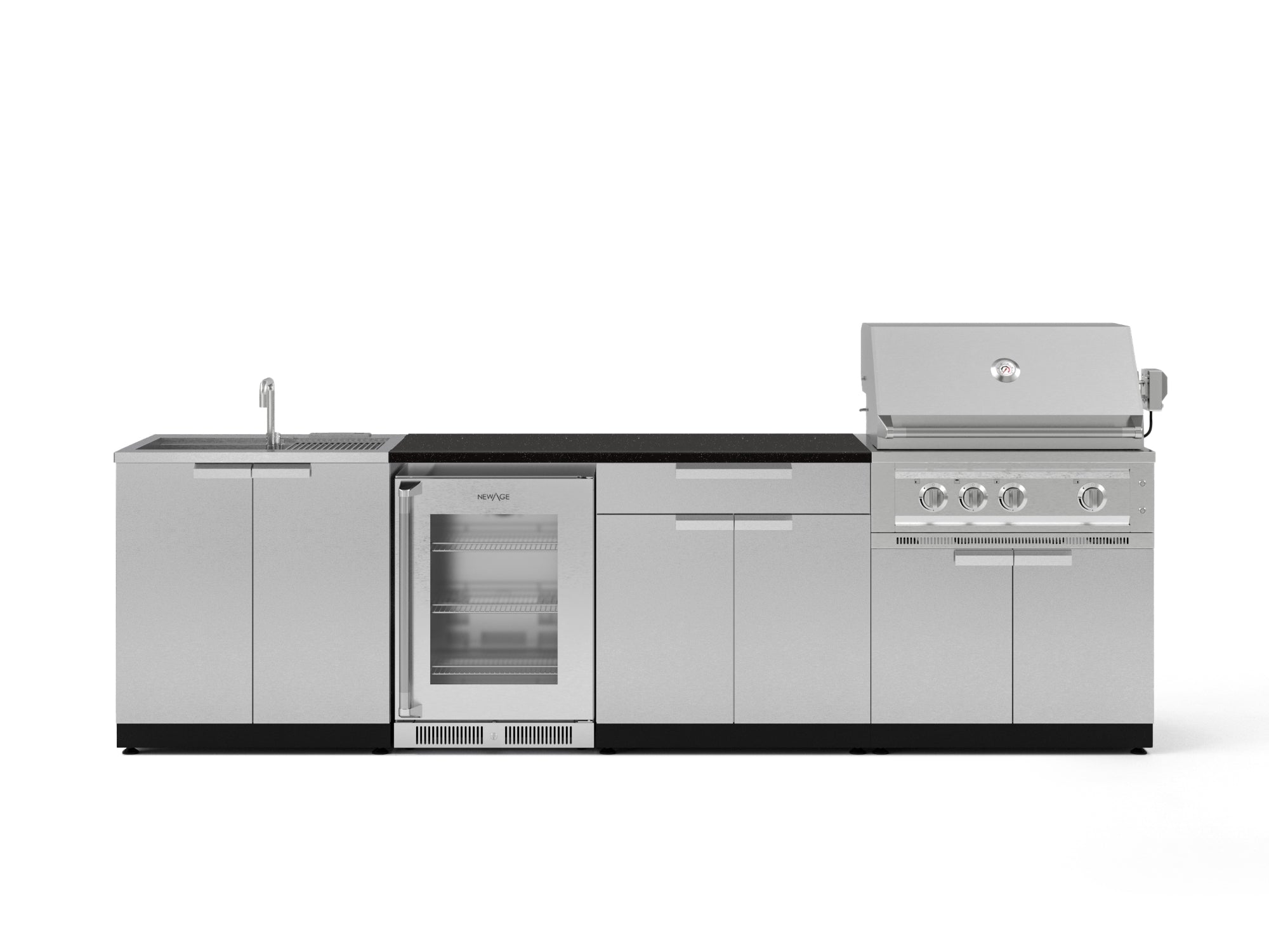 Outdoor Kitchen Stainless Steel 6 Piece Cabinet Set with Sink, Bar, Grill Cabinet, Platinum Grill, Countertop and Glass Door Fridge