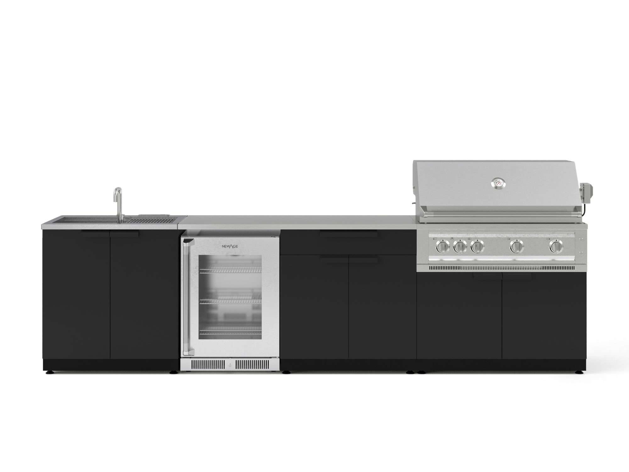 Outdoor Kitchen Stainless Steel 6 Piece Cabinet Set with Sink, Bar, Grill Cabinet, Platinum Grill, Countertop and Glass Door Fridge