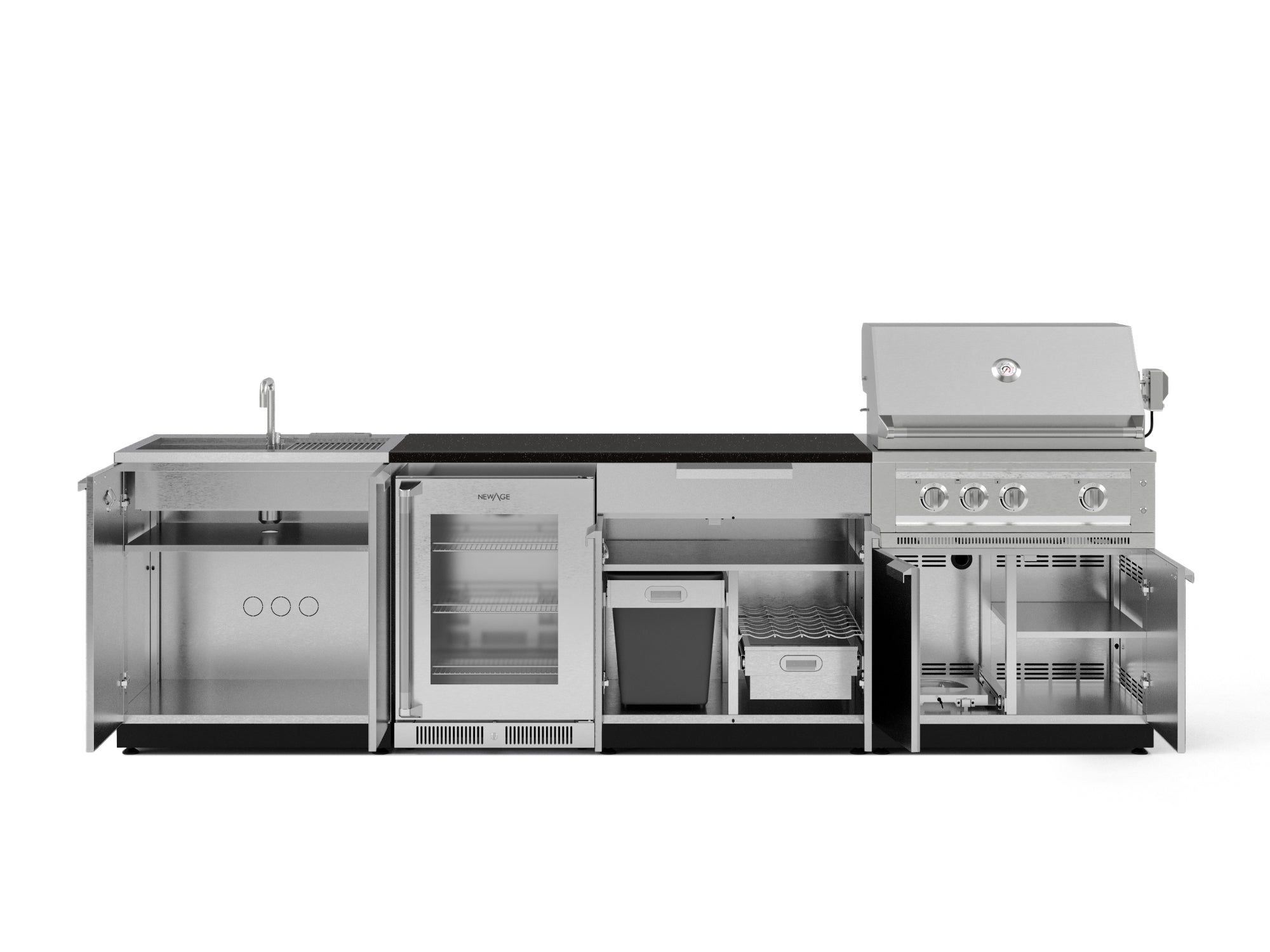 Outdoor Kitchen Stainless Steel 6 Piece Cabinet Set with Sink, Bar, Grill Cabinet, Platinum Grill, Countertop and Glass Door Fridge