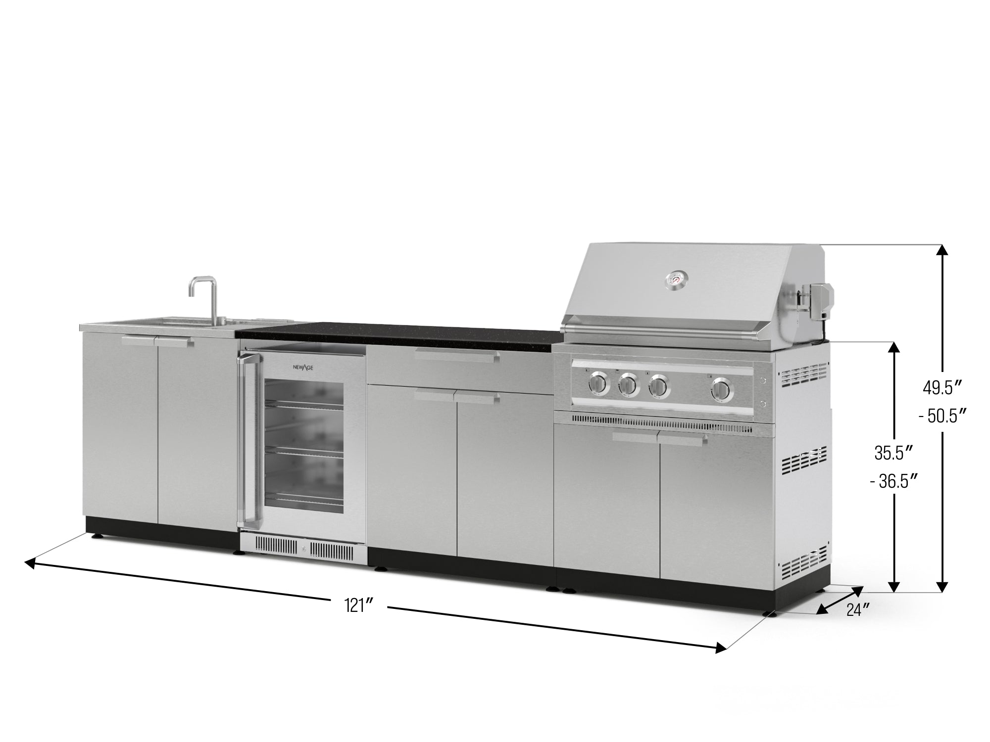 Outdoor Kitchen Stainless Steel 6 Piece Cabinet Set with Sink, Bar, Grill Cabinet, Platinum Grill, Countertop and Glass Door Fridge