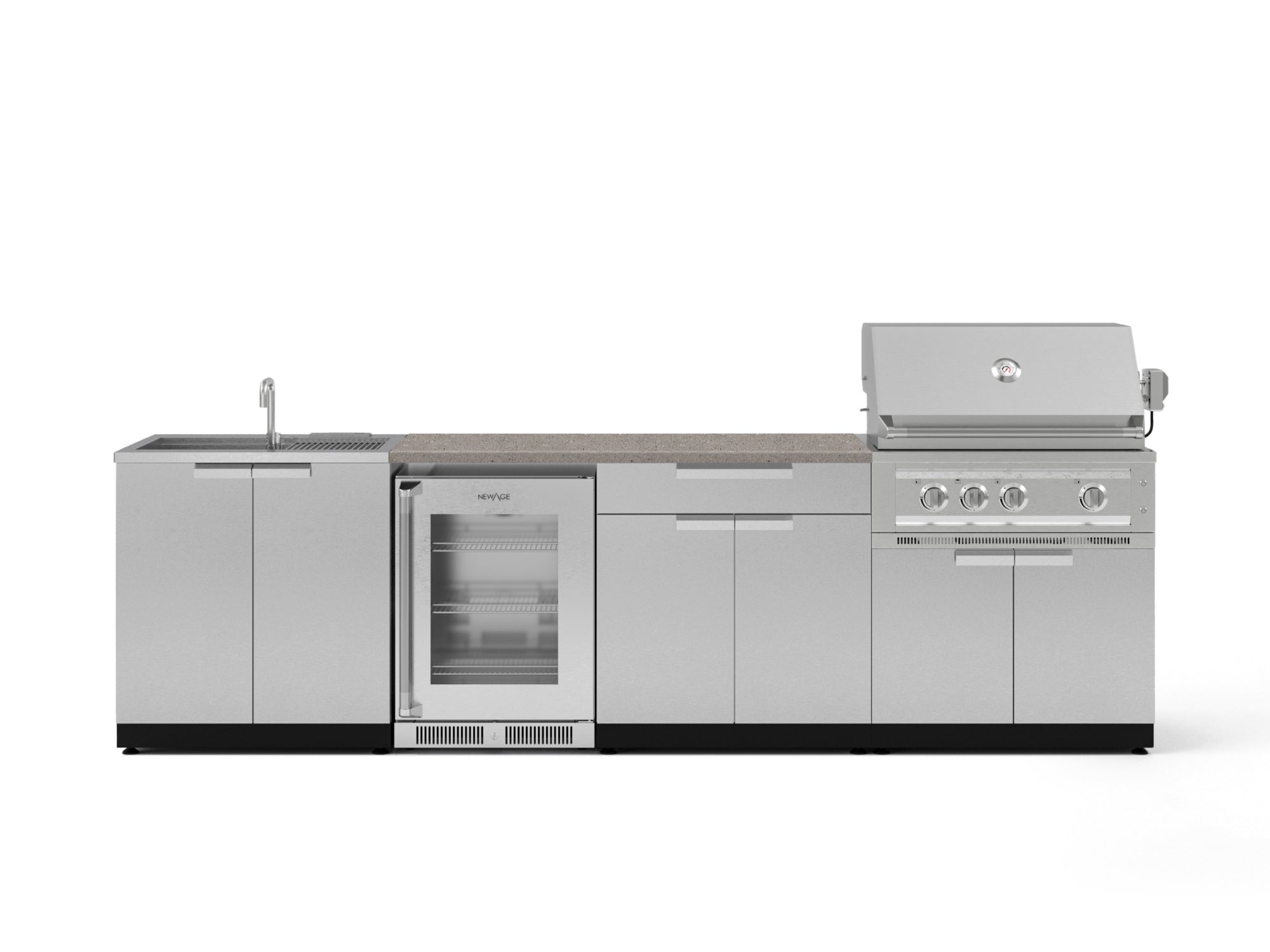 Outdoor Kitchen Stainless Steel 6 Piece Cabinet Set with Sink, Bar, Grill Cabinet, Platinum Grill, Countertop and Glass Door Fridge