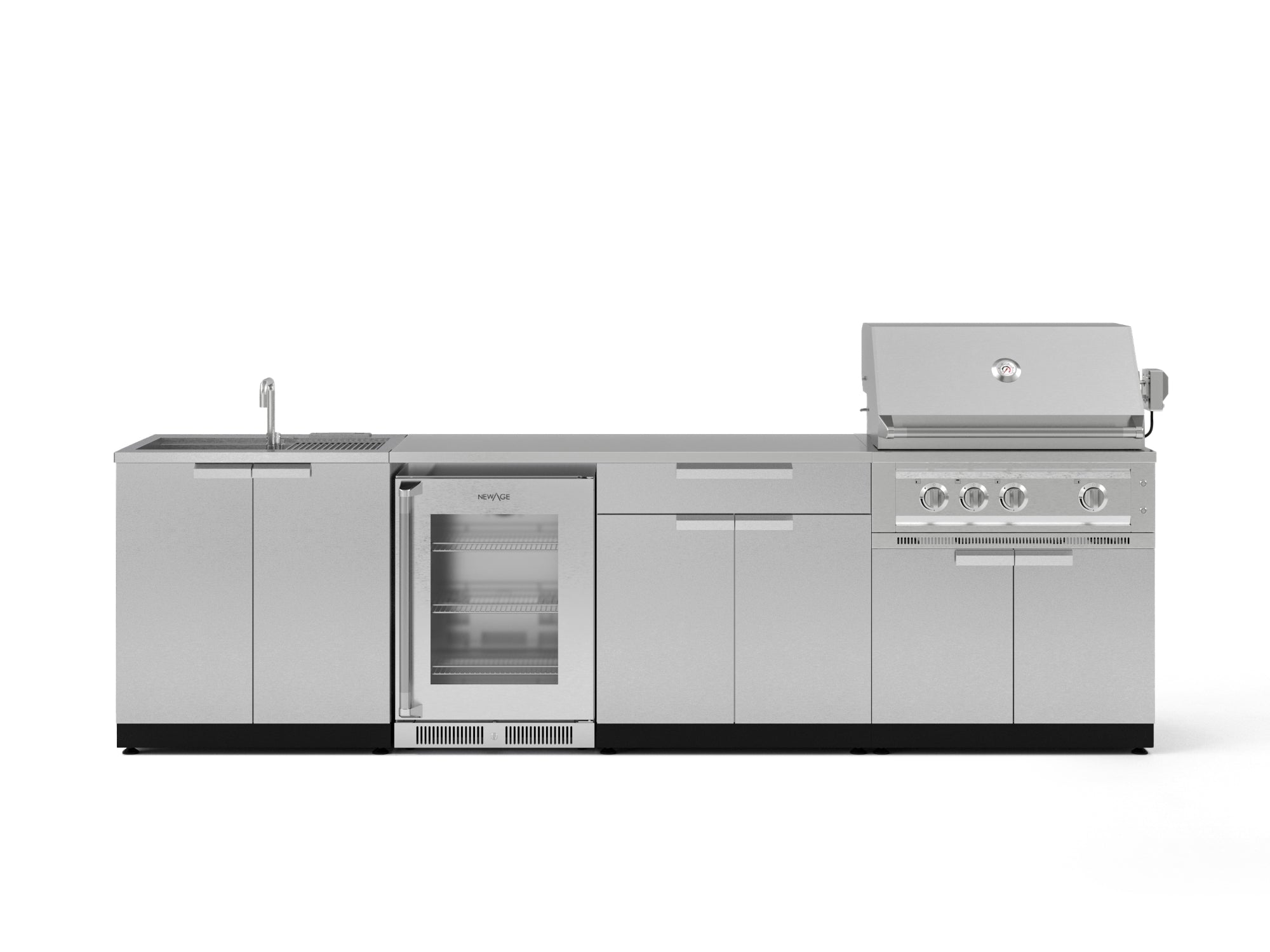 Outdoor Kitchen Stainless Steel 6 Piece Cabinet Set with Sink, Bar, Grill Cabinet, Platinum Grill, Countertop and Glass Door Fridge