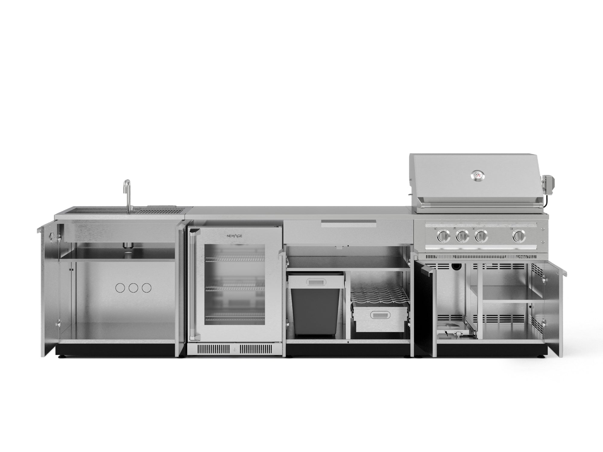 Outdoor Kitchen Stainless Steel 6 Piece Cabinet Set with Sink, Bar, Grill Cabinet, Platinum Grill, Countertop and Glass Door Fridge