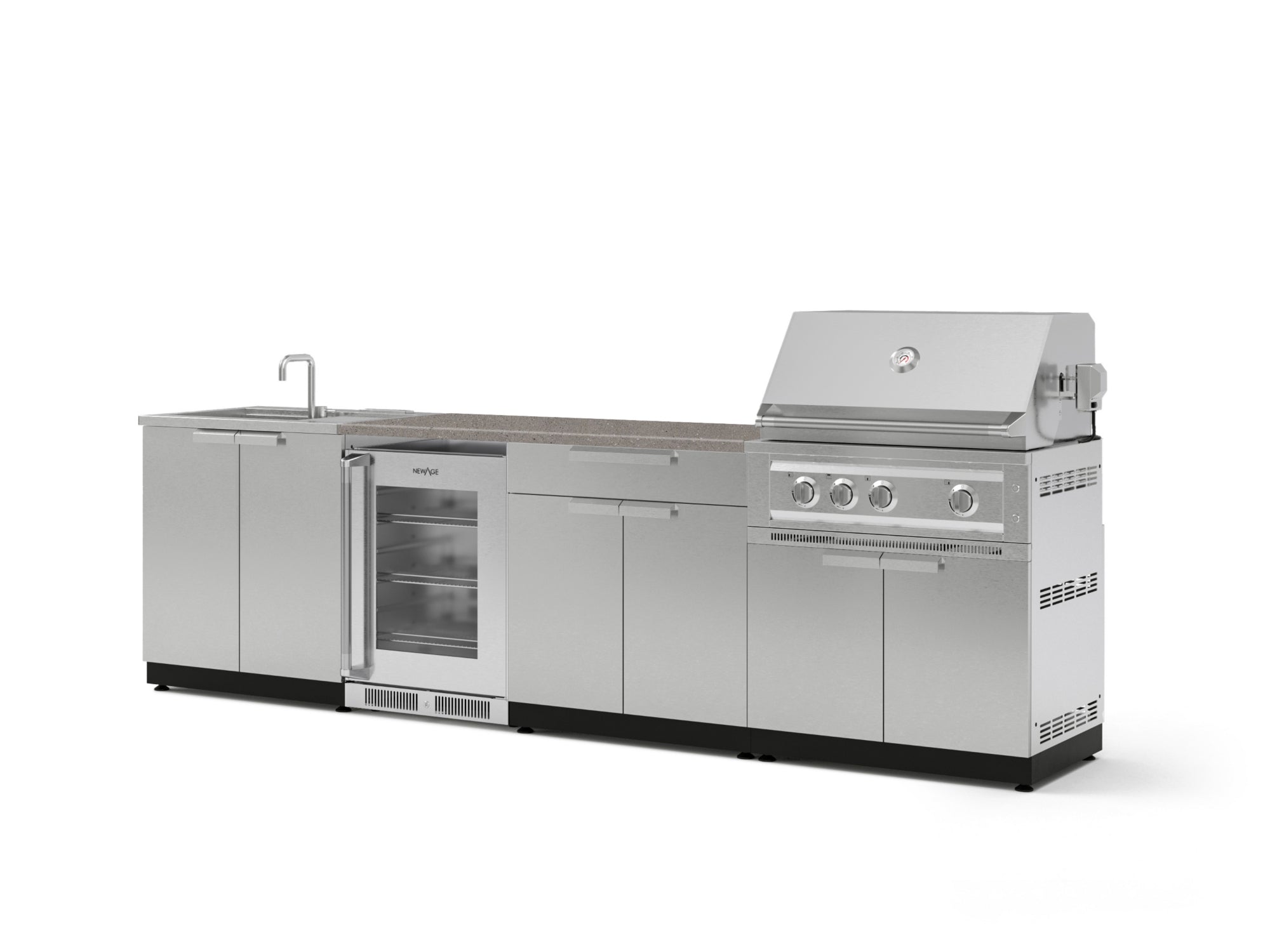 Outdoor Kitchen Stainless Steel 6 Piece Cabinet Set with Sink, Bar, Grill Cabinet, Platinum Grill, Countertop and Glass Door Fridge
