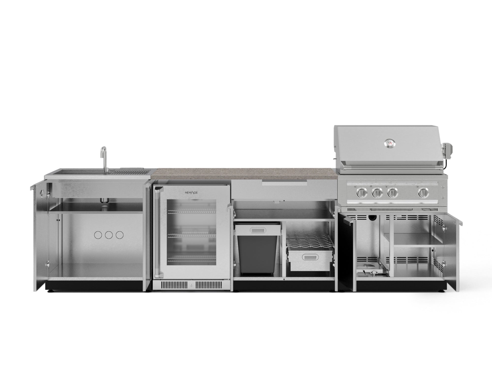 Outdoor Kitchen Stainless Steel 6 Piece Cabinet Set with Sink, Bar, Grill Cabinet, Platinum Grill, Countertop and Glass Door Fridge