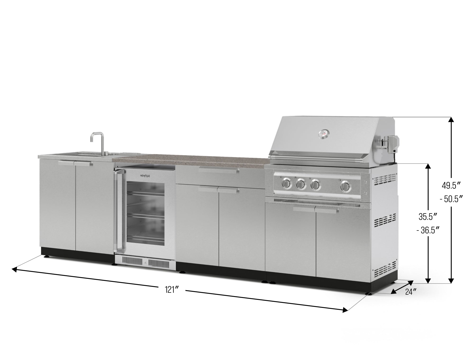 Outdoor Kitchen Stainless Steel 6 Piece Cabinet Set with Sink, Bar, Grill Cabinet, Platinum Grill, Countertop and Glass Door Fridge
