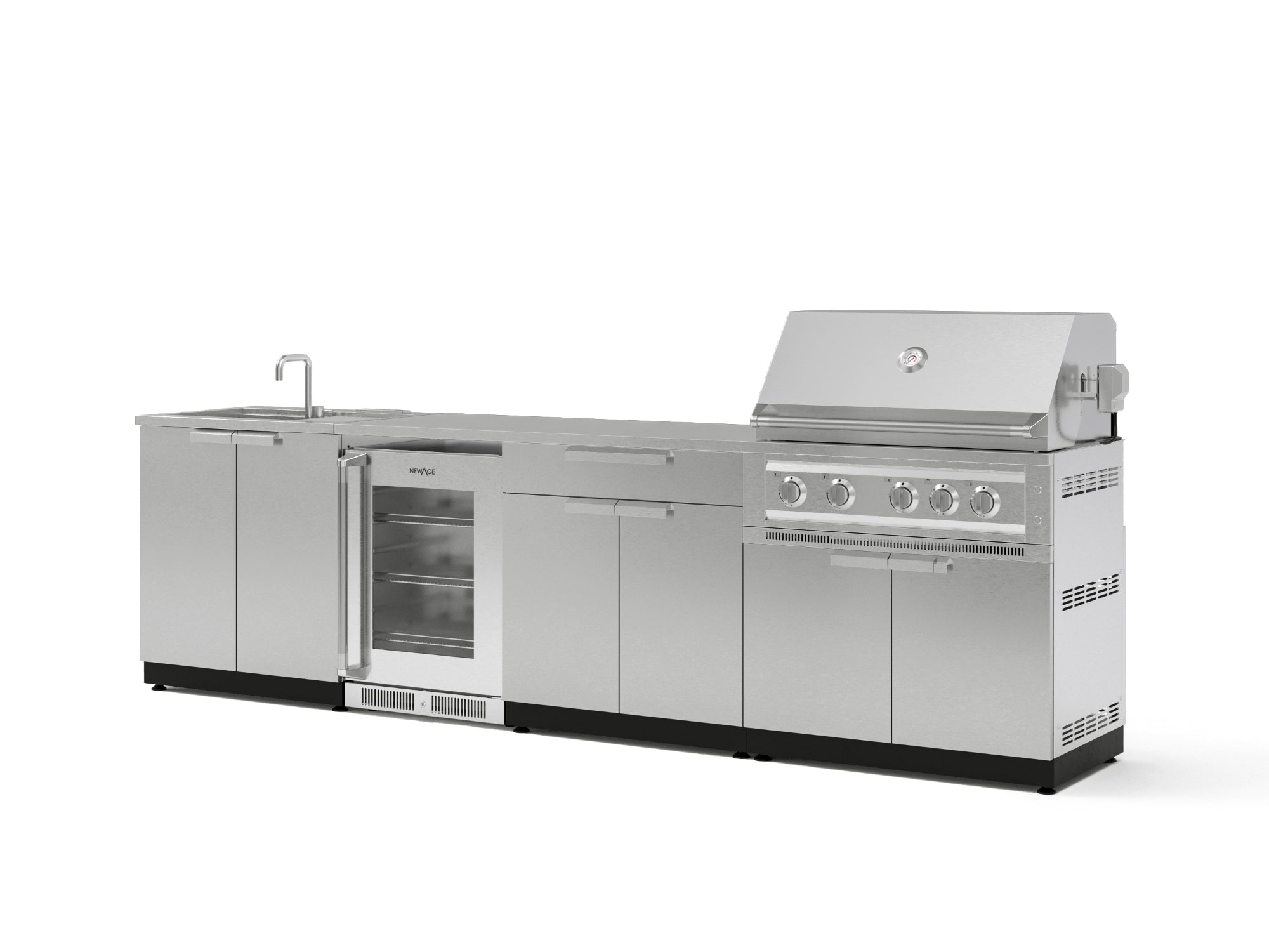 Outdoor Kitchen Stainless Steel 6 Piece Cabinet Set with Sink, Bar, Grill Cabinet, Platinum Grill, Countertop and Glass Door Fridge