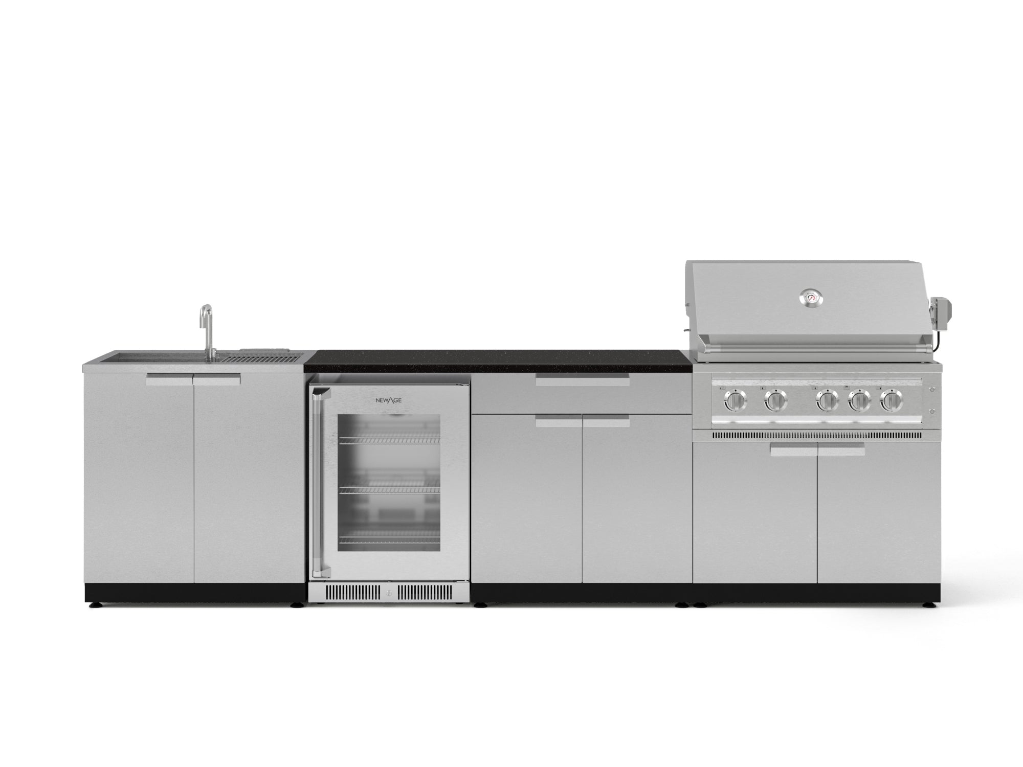 Outdoor Kitchen Stainless Steel 6 Piece Cabinet Set with Sink, Bar, Grill Cabinet, Platinum Grill, Countertop and Glass Door Fridge