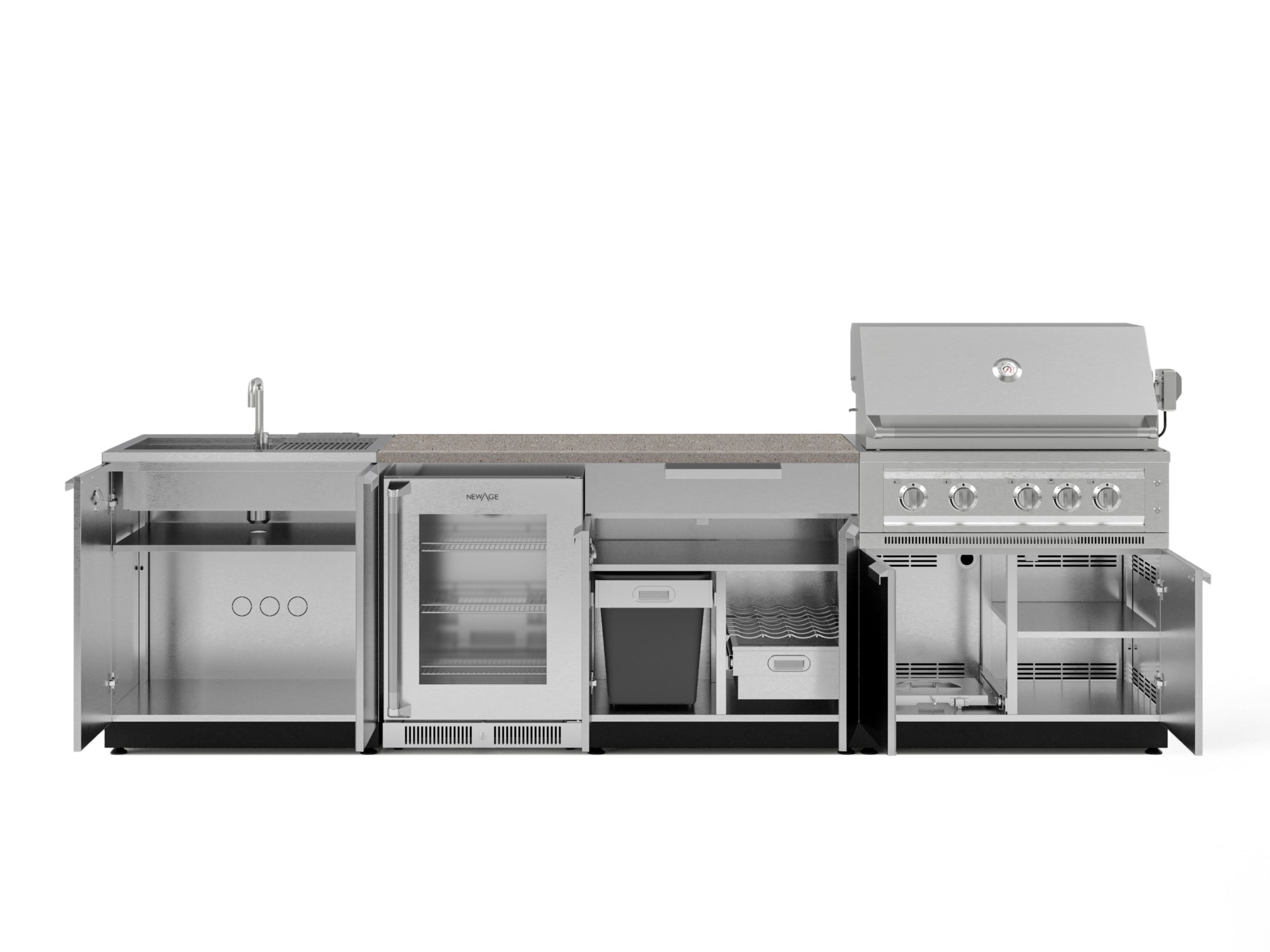 Outdoor Kitchen Stainless Steel 6 Piece Cabinet Set with Sink, Bar, Grill Cabinet, Platinum Grill, Countertop and Glass Door Fridge