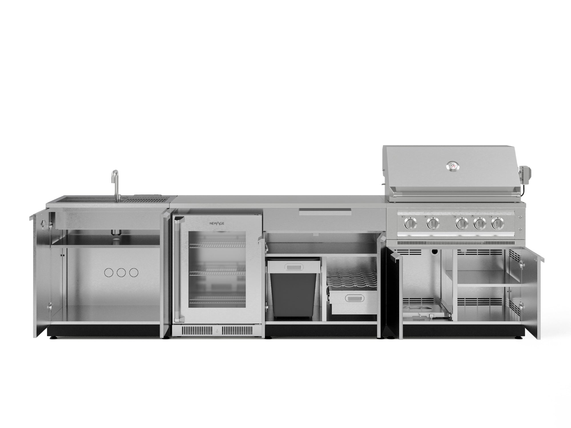 Outdoor Kitchen Stainless Steel 6 Piece Cabinet Set with Sink, Bar, Grill Cabinet, Platinum Grill, Countertop and Glass Door Fridge