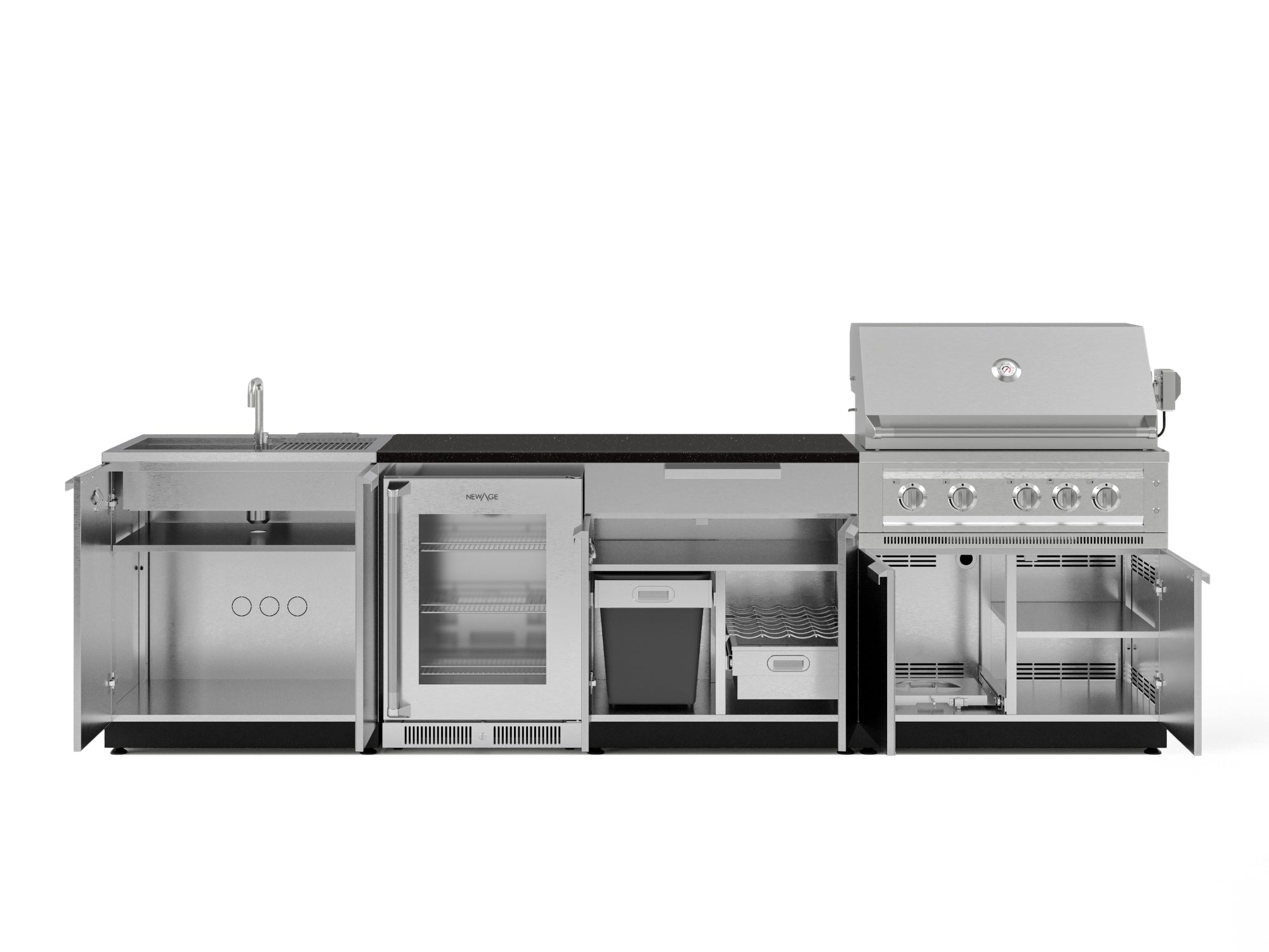Outdoor Kitchen Stainless Steel 6 Piece Cabinet Set with Sink, Bar, Grill Cabinet, Platinum Grill, Countertop and Glass Door Fridge
