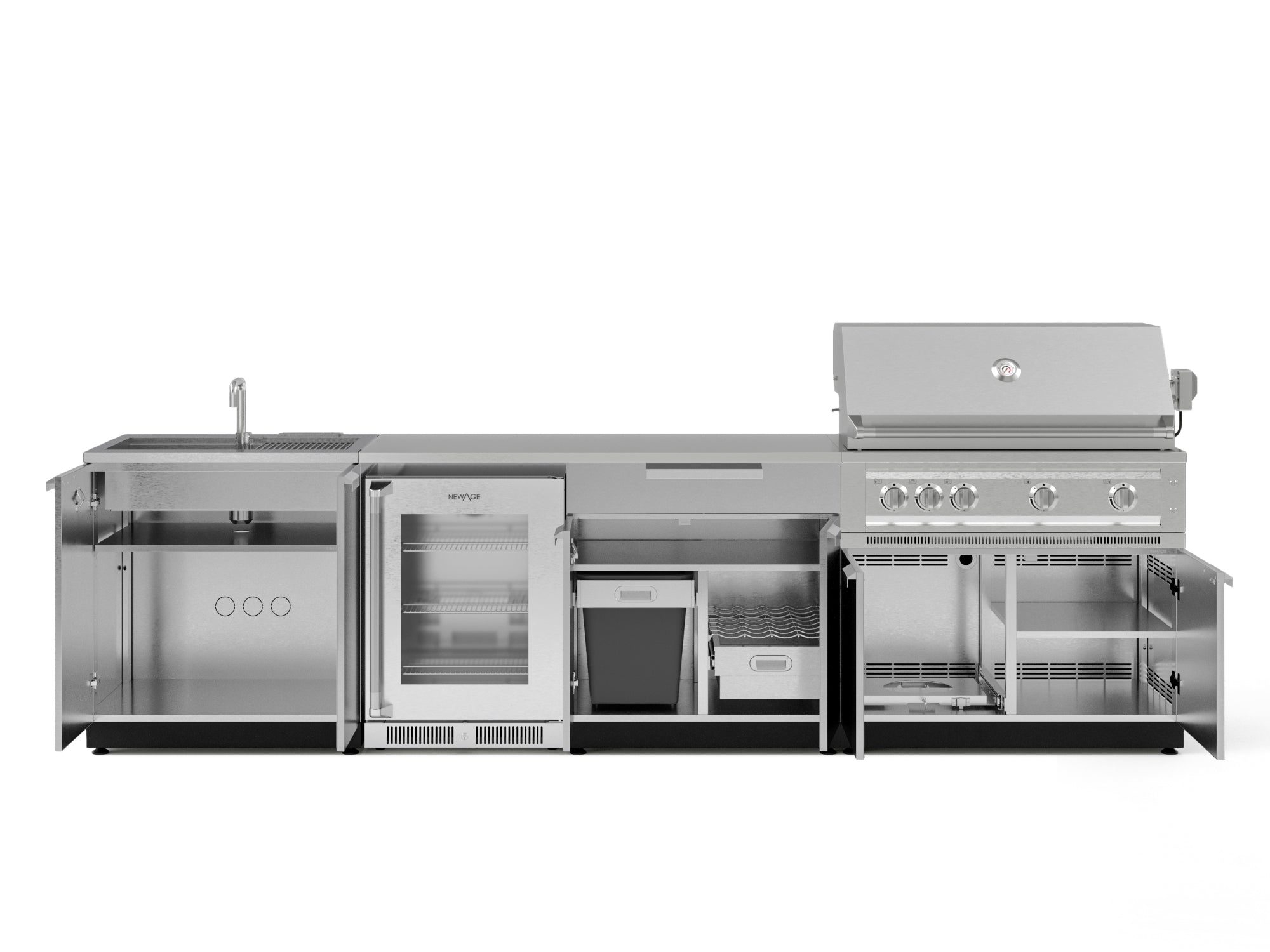 Outdoor Kitchen Stainless Steel 6 Piece Cabinet Set with Sink, Bar, Grill Cabinet, Platinum Grill, Countertop and Glass Door Fridge