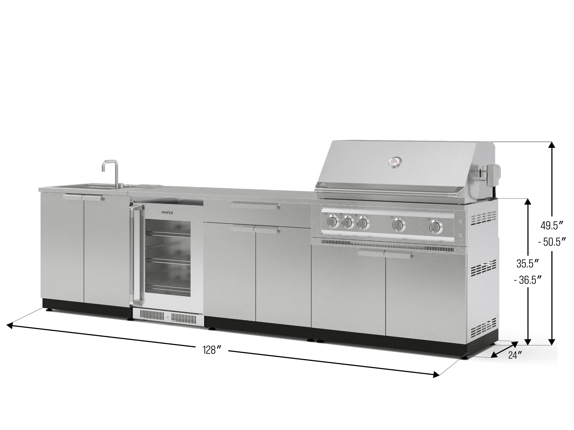 Outdoor Kitchen Stainless Steel 6 Piece Cabinet Set with Sink, Bar, Grill Cabinet, Platinum Grill, Countertop and Glass Door Fridge