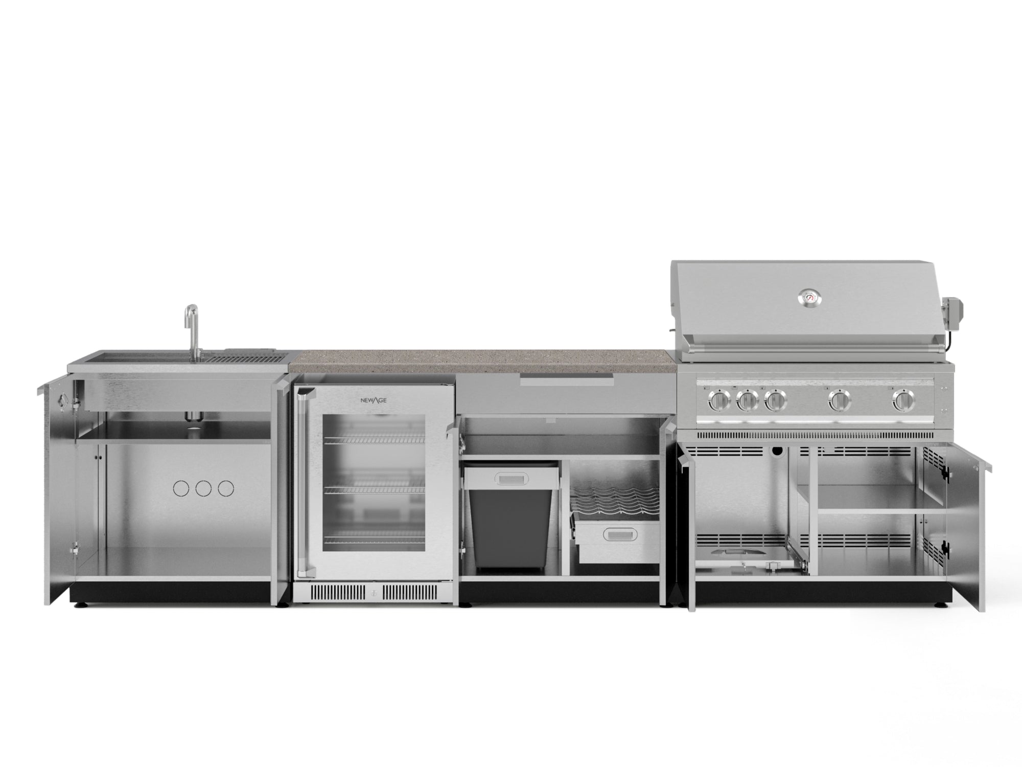 Outdoor Kitchen Stainless Steel 6 Piece Cabinet Set with Sink, Bar, Grill Cabinet, Platinum Grill, Countertop and Glass Door Fridge