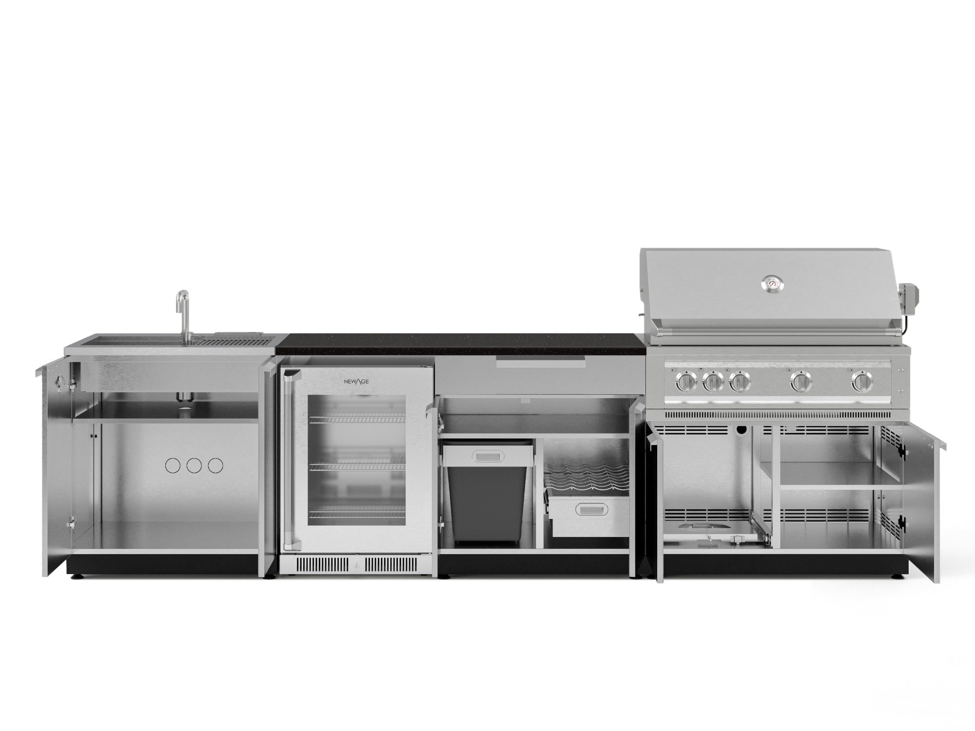 Outdoor Kitchen Stainless Steel 6 Piece Cabinet Set with Sink, Bar, Grill Cabinet, Platinum Grill, Countertop and Glass Door Fridge