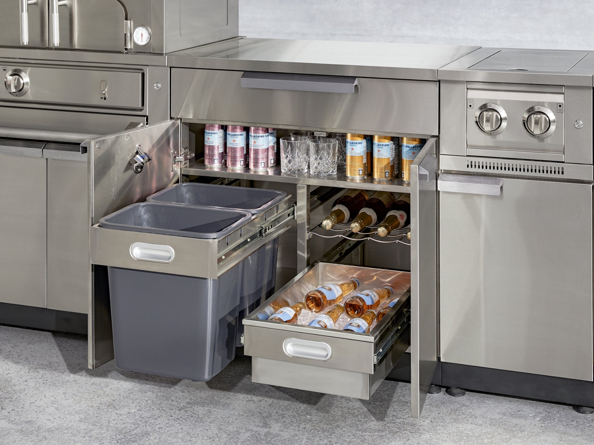 Outdoor Kitchen Stainless Steel 6 Piece Cabinet Set with Sink, Bar, Grill Cabinet, Platinum Grill, Countertop and Glass Door Fridge