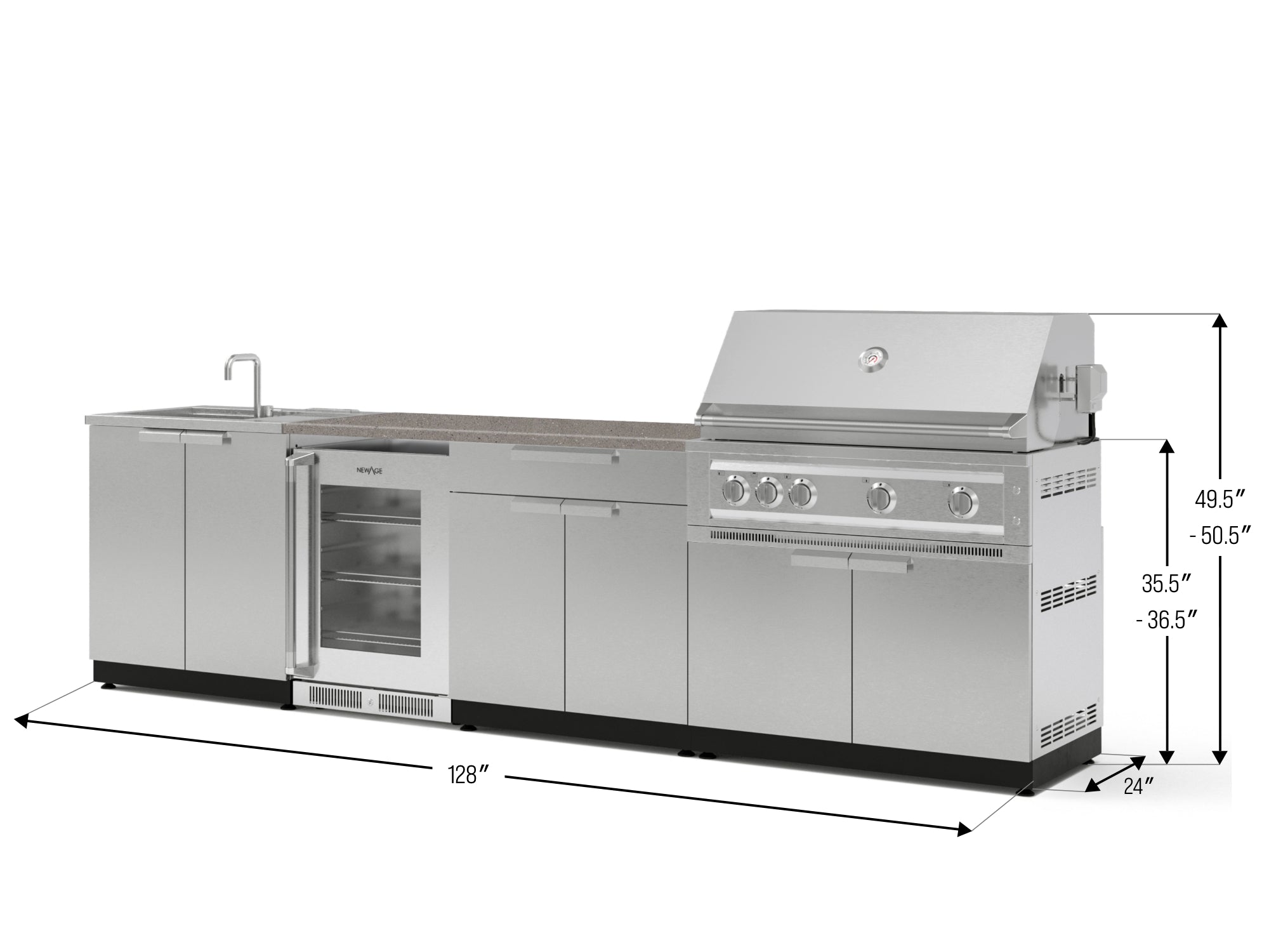 Outdoor Kitchen Stainless Steel 6 Piece Cabinet Set with Sink, Bar, Grill Cabinet, Platinum Grill, Countertop and Glass Door Fridge