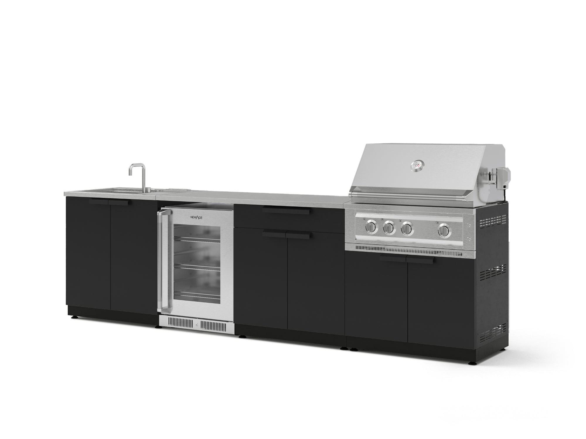 Outdoor Kitchen Stainless Steel 6 Piece Cabinet Set with Sink, Bar, Grill Cabinet, Platinum Grill, Countertop and Glass Door Fridge