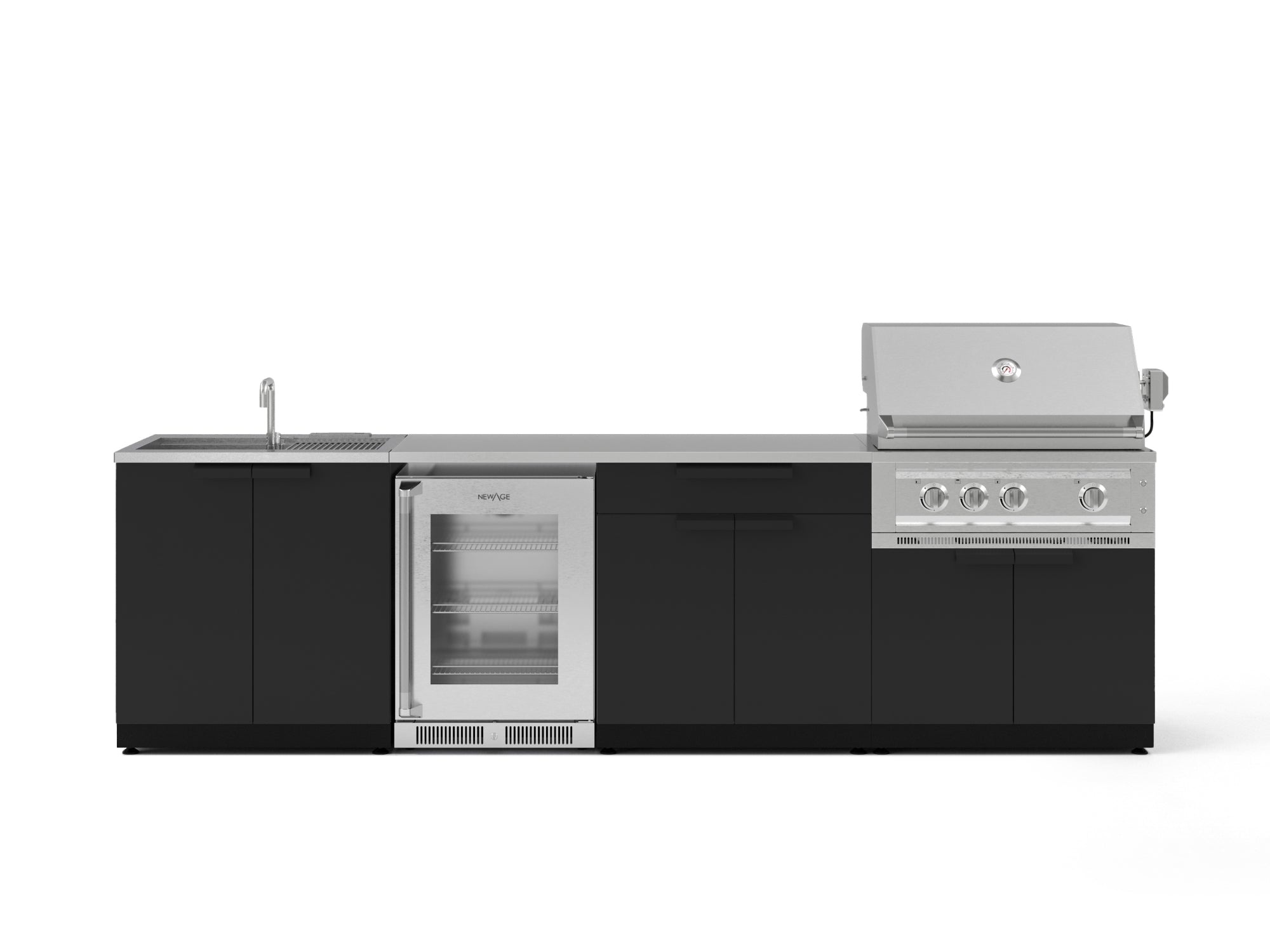 Outdoor Kitchen Stainless Steel 6 Piece Cabinet Set with Sink, Bar, Grill Cabinet, Platinum Grill, Countertop and Glass Door Fridge
