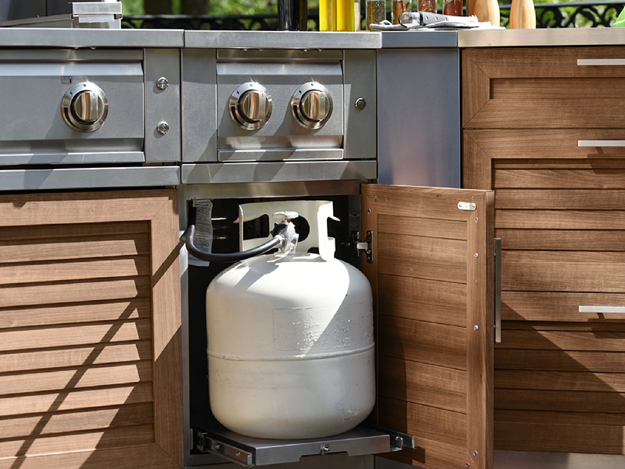 Outdoor Kitchen Stainless Steel Louvered Doors 6-Piece Cabinet Set with Platinum Grill, Dual Side Burner, Bar and Grill Cabinet and Stainless Steel Countertop